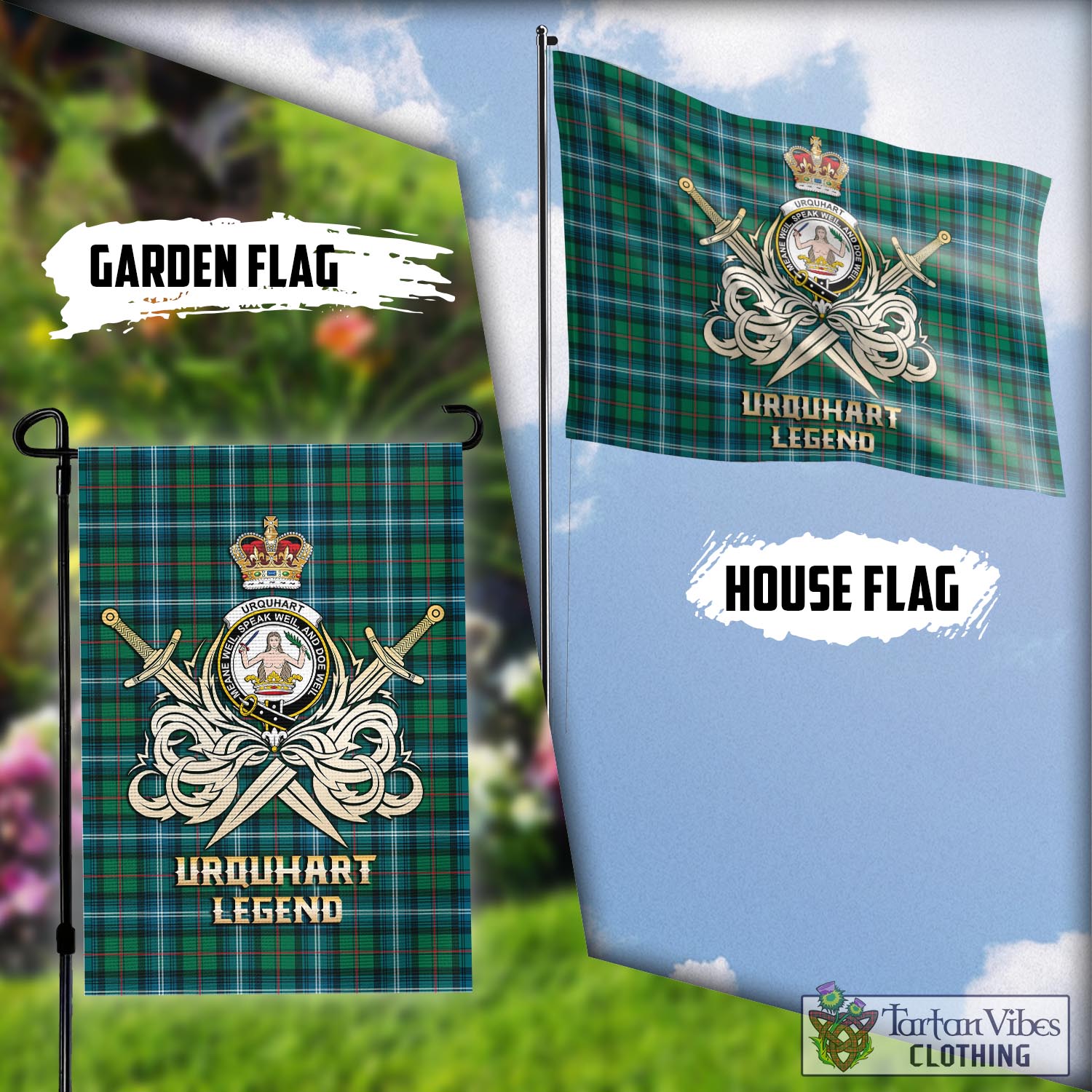 Tartan Vibes Clothing Urquhart Ancient Tartan Flag with Clan Crest and the Golden Sword of Courageous Legacy