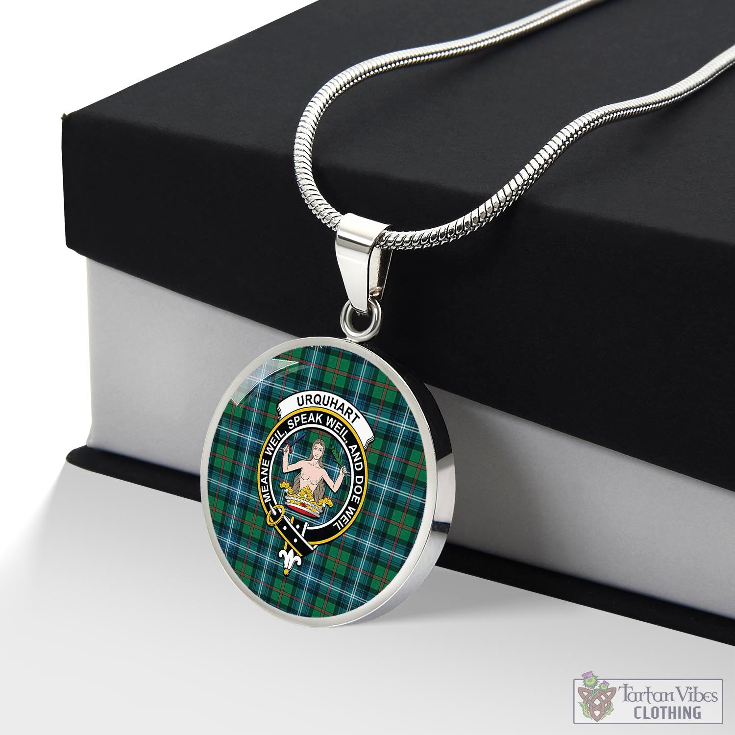 Tartan Vibes Clothing Urquhart Ancient Tartan Circle Necklace with Family Crest