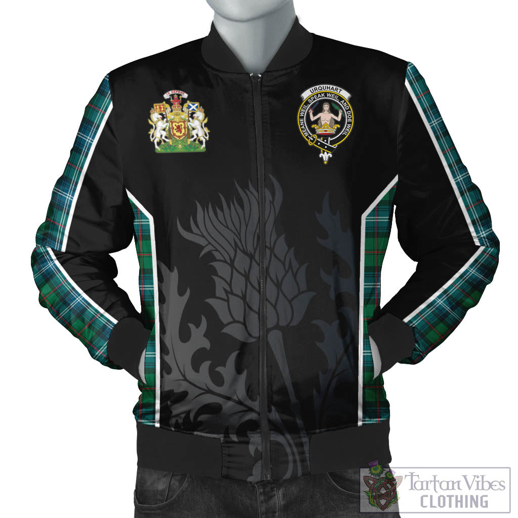 Tartan Vibes Clothing Urquhart Ancient Tartan Bomber Jacket with Family Crest and Scottish Thistle Vibes Sport Style