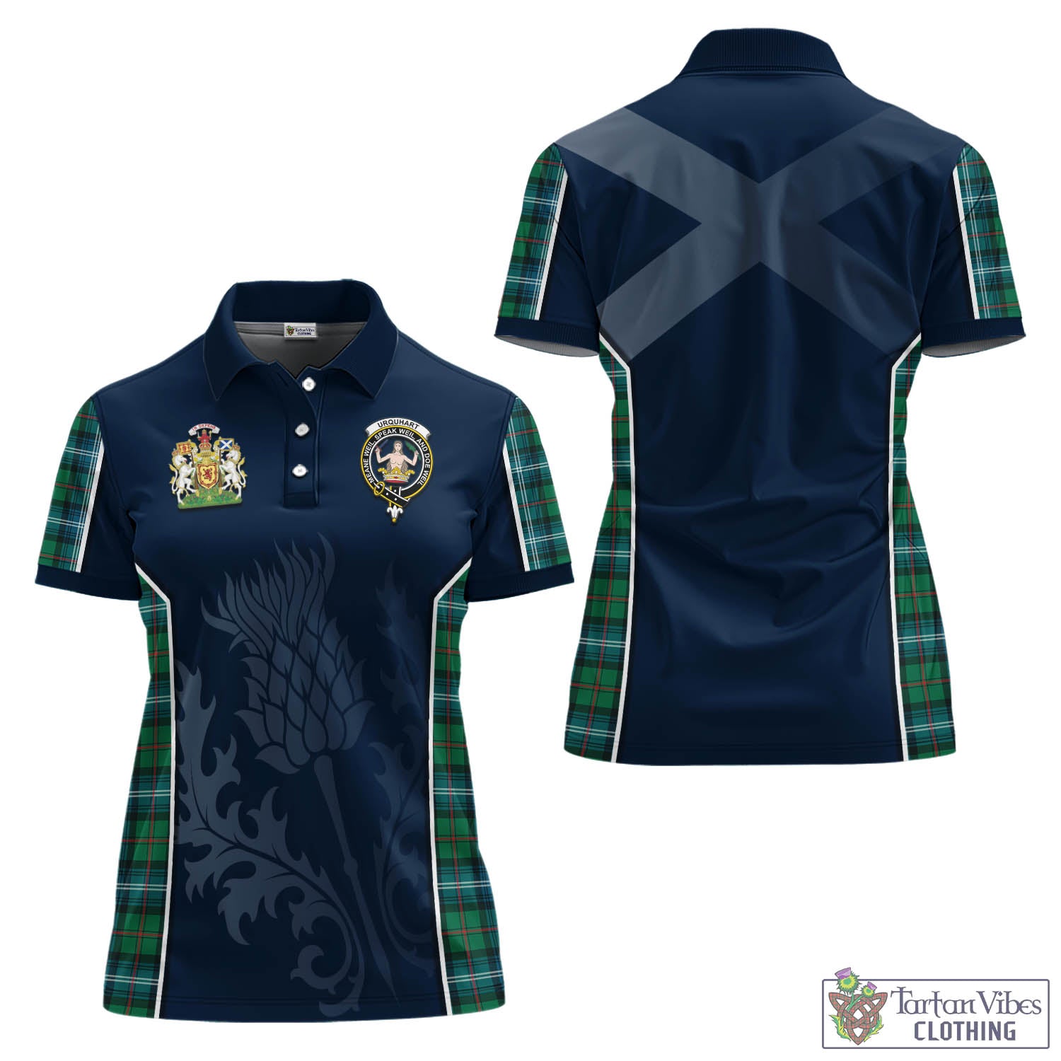 Tartan Vibes Clothing Urquhart Ancient Tartan Women's Polo Shirt with Family Crest and Scottish Thistle Vibes Sport Style