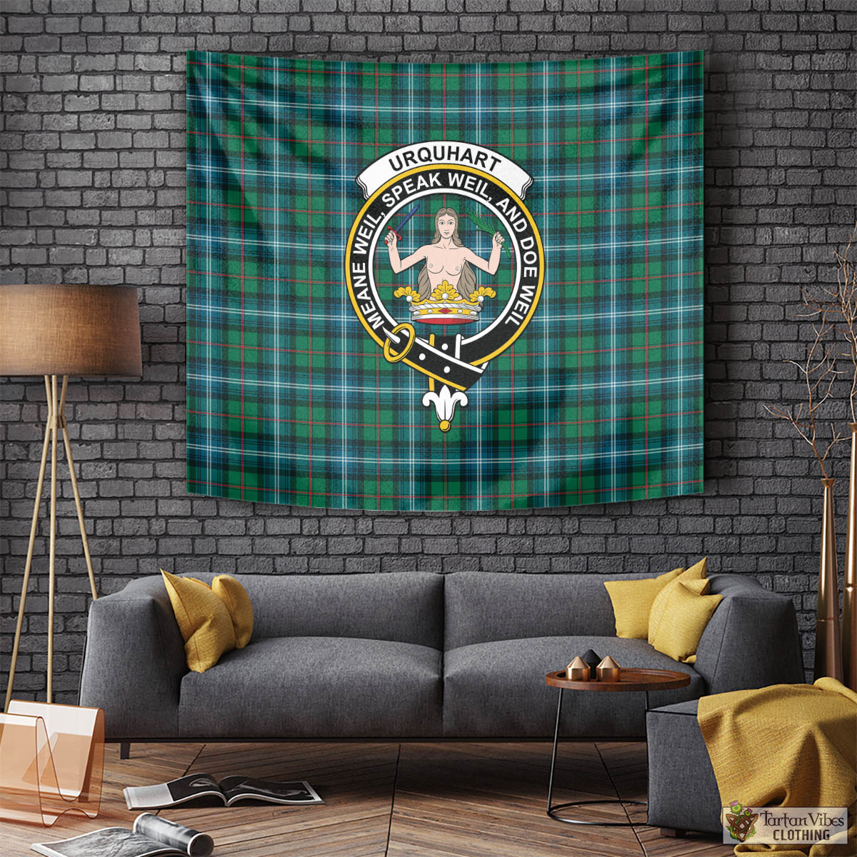 Tartan Vibes Clothing Urquhart Ancient Tartan Tapestry Wall Hanging and Home Decor for Room with Family Crest