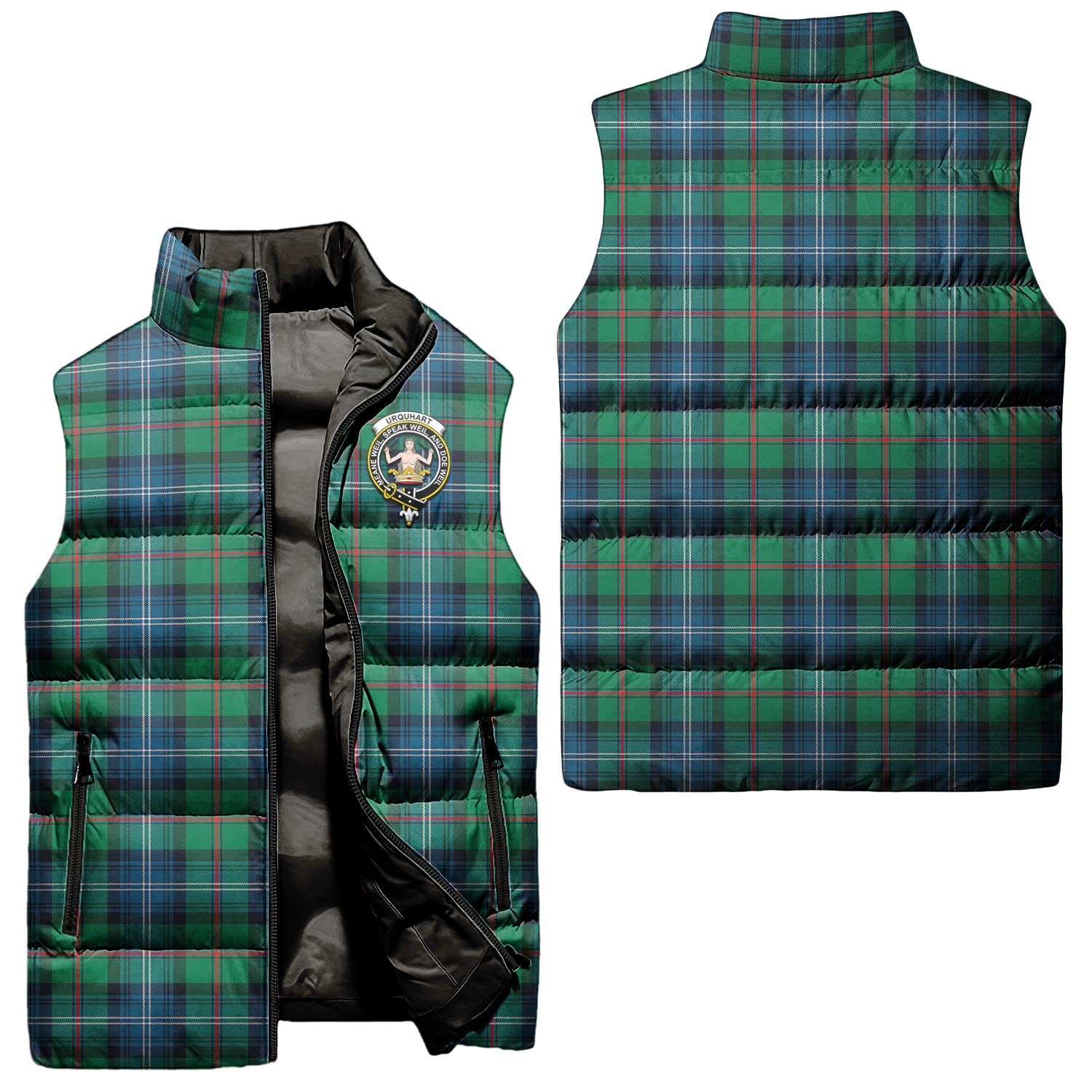 Urquhart Ancient Tartan Sleeveless Puffer Jacket with Family Crest Unisex - Tartanvibesclothing