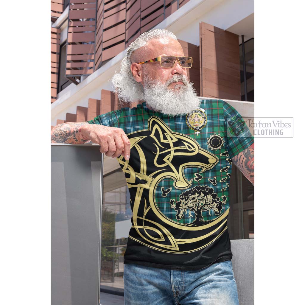 Tartan Vibes Clothing Urquhart Ancient Tartan Cotton T-shirt with Family Crest Celtic Wolf Style