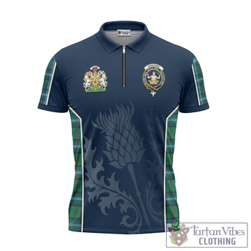 Urquhart Ancient Tartan Zipper Polo Shirt with Family Crest and Scottish Thistle Vibes Sport Style