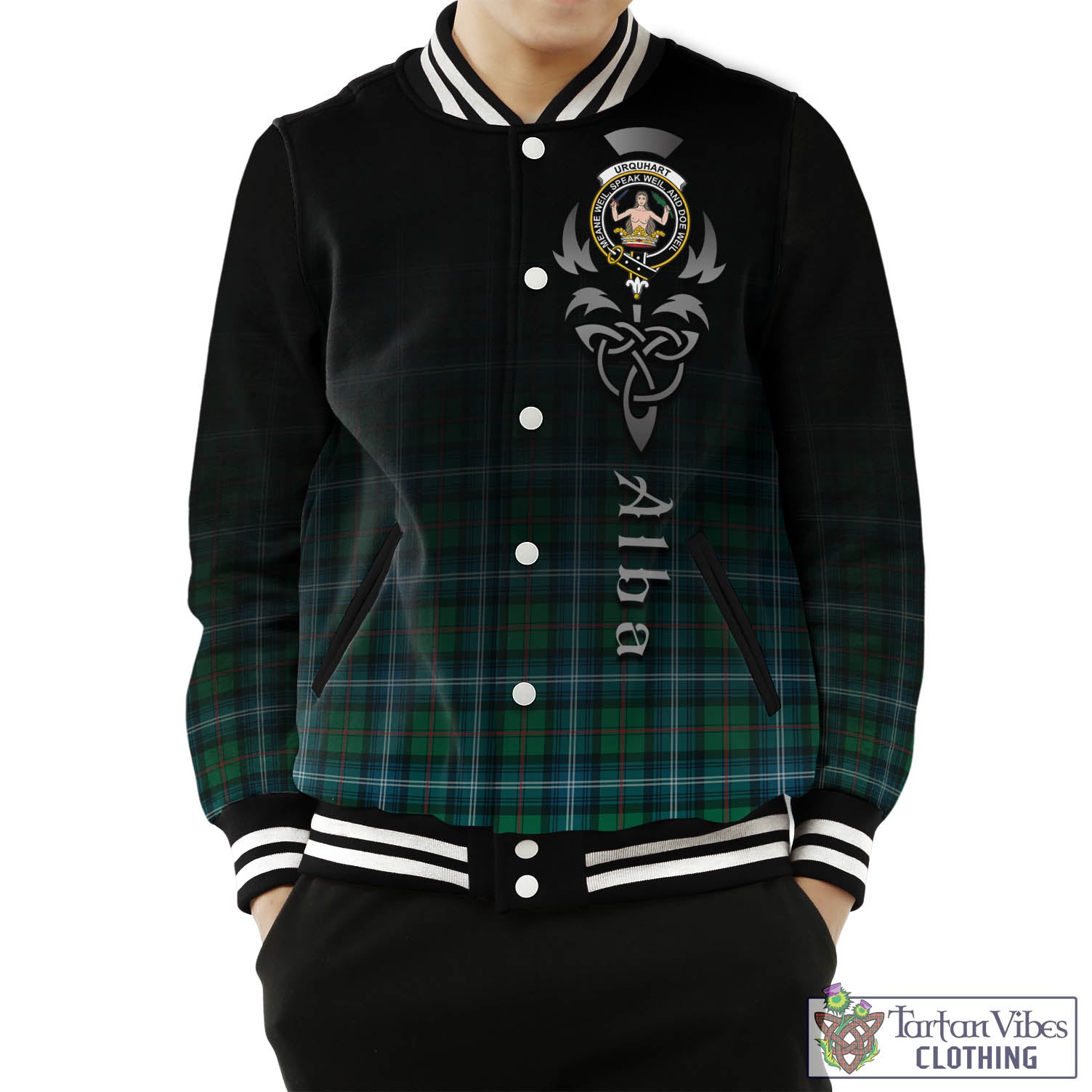 Tartan Vibes Clothing Urquhart Ancient Tartan Baseball Jacket Featuring Alba Gu Brath Family Crest Celtic Inspired