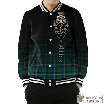 Urquhart Ancient Tartan Baseball Jacket Featuring Alba Gu Brath Family Crest Celtic Inspired