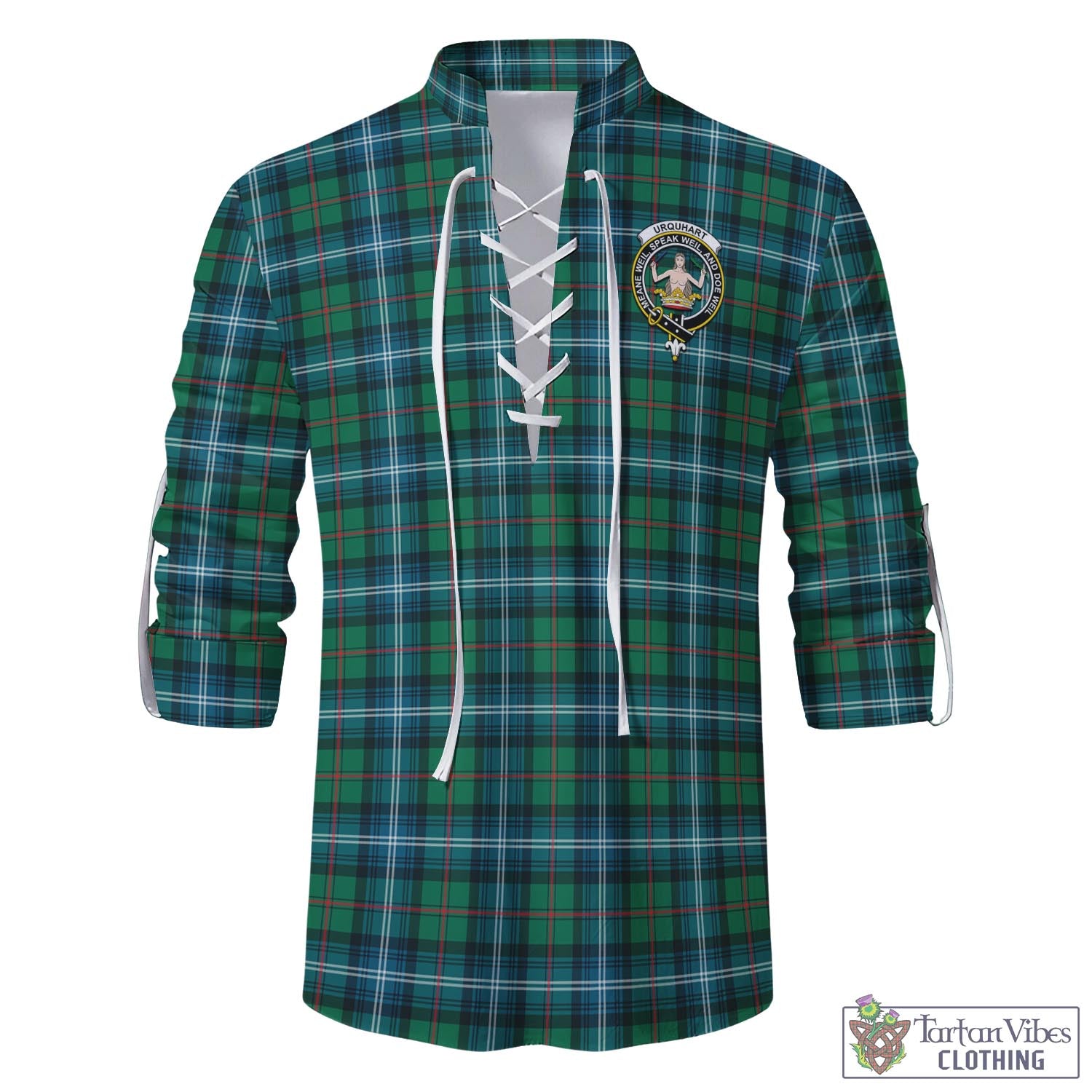 Tartan Vibes Clothing Urquhart Ancient Tartan Men's Scottish Traditional Jacobite Ghillie Kilt Shirt with Family Crest