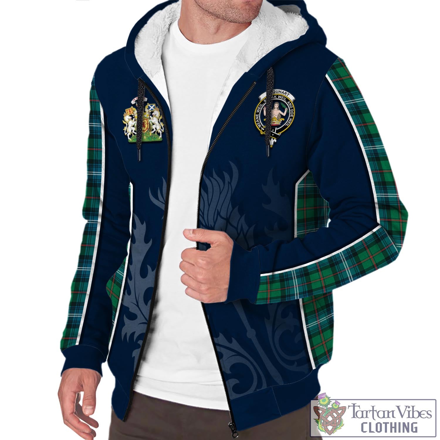 Tartan Vibes Clothing Urquhart Ancient Tartan Sherpa Hoodie with Family Crest and Scottish Thistle Vibes Sport Style