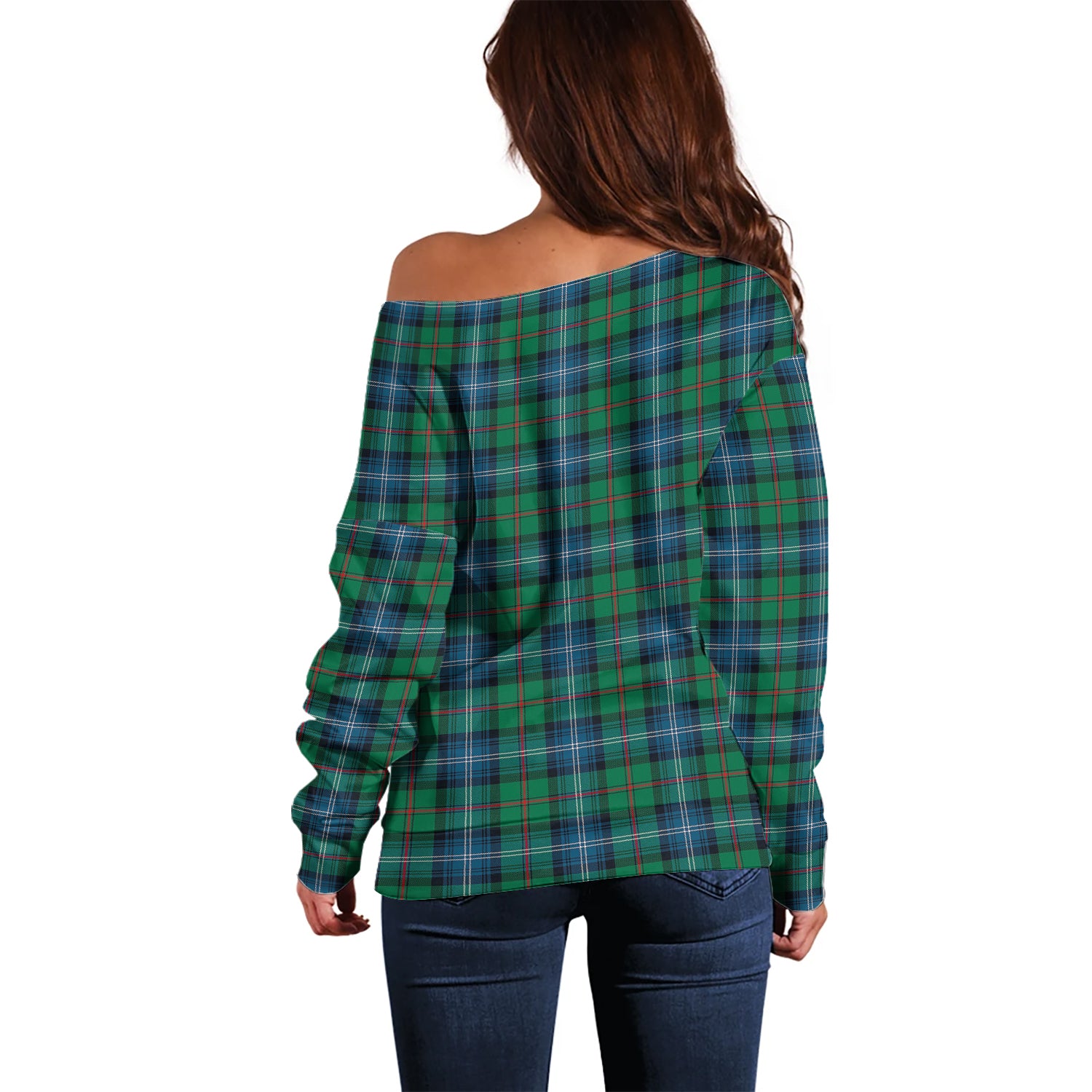 Urquhart Ancient Tartan Off Shoulder Women Sweater with Family Crest - Tartanvibesclothing Shop