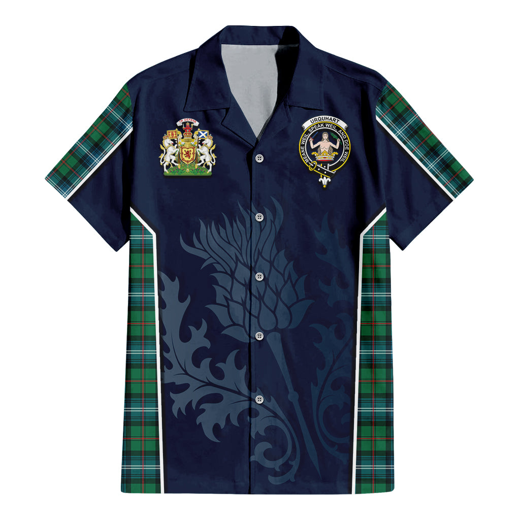 Tartan Vibes Clothing Urquhart Ancient Tartan Short Sleeve Button Up Shirt with Family Crest and Scottish Thistle Vibes Sport Style