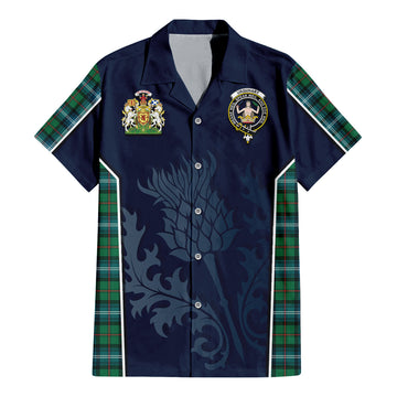 Urquhart Ancient Tartan Short Sleeve Button Up Shirt with Family Crest and Scottish Thistle Vibes Sport Style