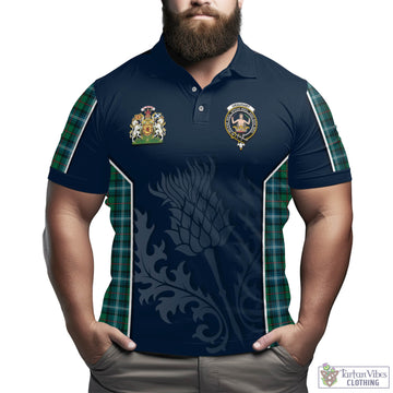 Urquhart Ancient Tartan Men's Polo Shirt with Family Crest and Scottish Thistle Vibes Sport Style