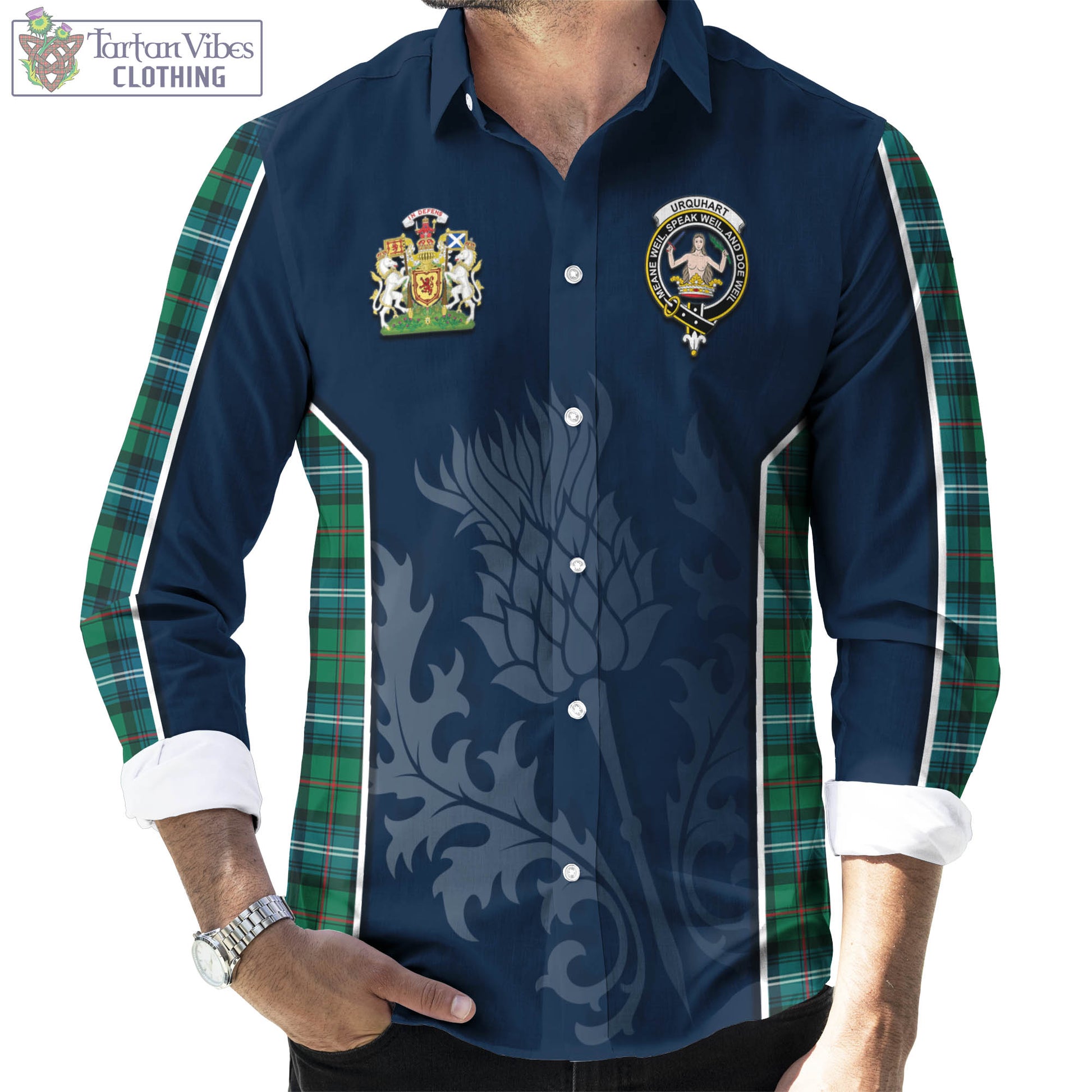 Tartan Vibes Clothing Urquhart Ancient Tartan Long Sleeve Button Up Shirt with Family Crest and Scottish Thistle Vibes Sport Style