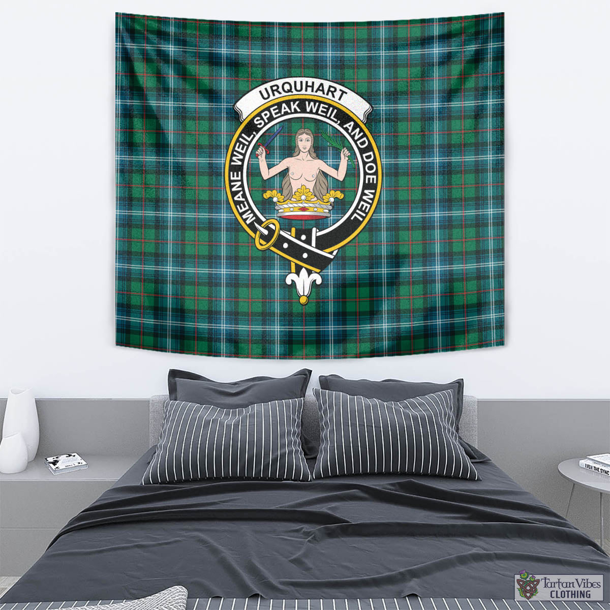 Tartan Vibes Clothing Urquhart Ancient Tartan Tapestry Wall Hanging and Home Decor for Room with Family Crest