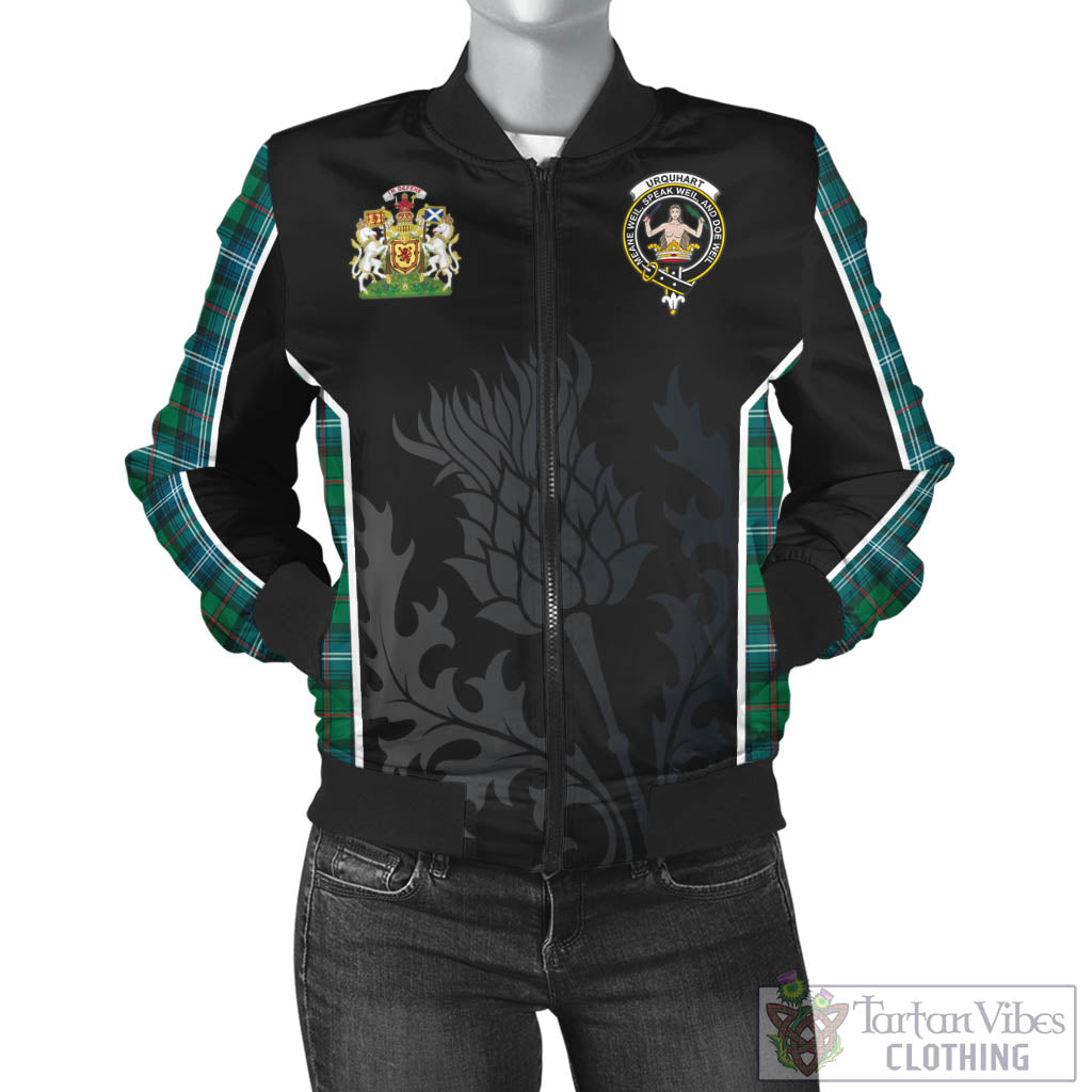 Tartan Vibes Clothing Urquhart Ancient Tartan Bomber Jacket with Family Crest and Scottish Thistle Vibes Sport Style