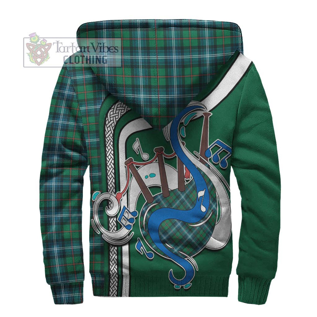 Urquhart Ancient Tartan Sherpa Hoodie with Epic Bagpipe Style - Tartanvibesclothing Shop