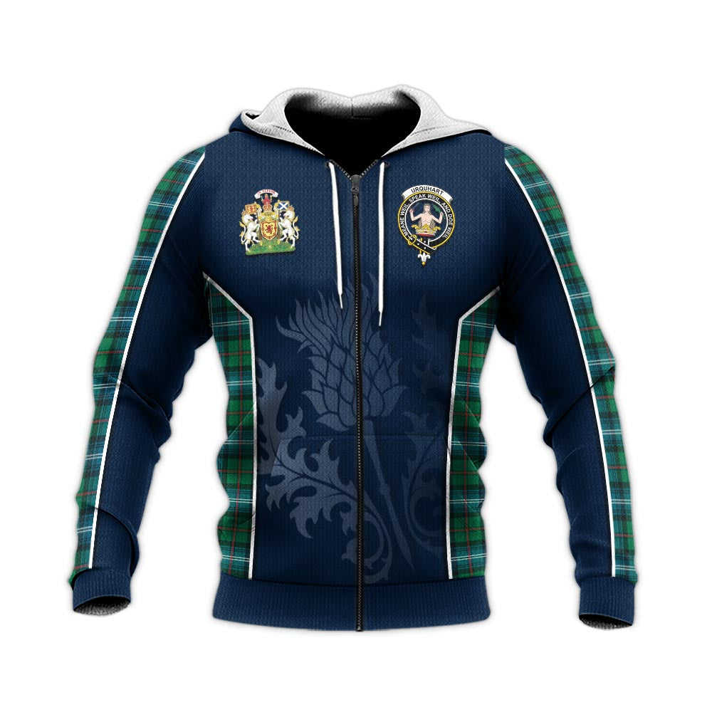 Tartan Vibes Clothing Urquhart Ancient Tartan Knitted Hoodie with Family Crest and Scottish Thistle Vibes Sport Style