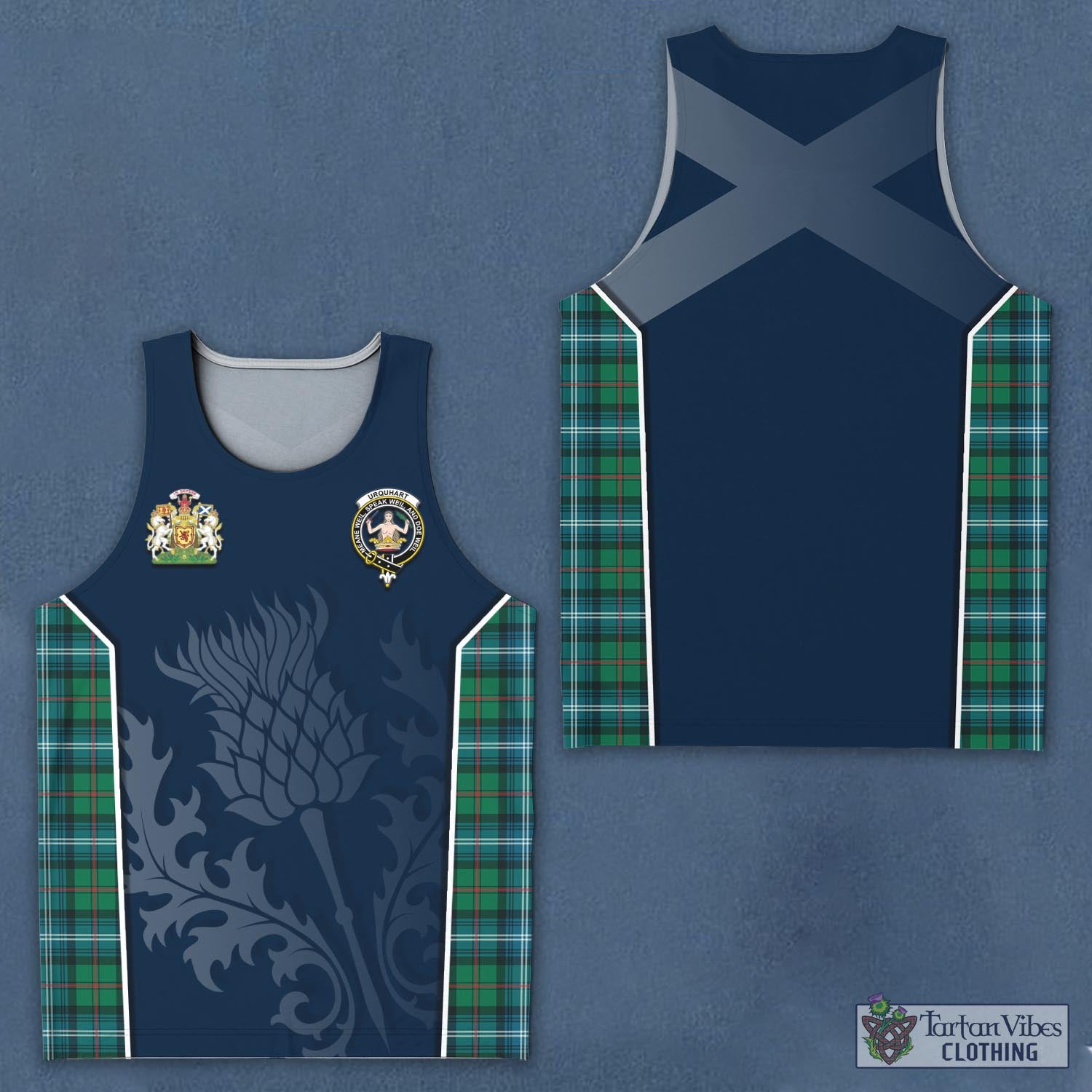 Tartan Vibes Clothing Urquhart Ancient Tartan Men's Tanks Top with Family Crest and Scottish Thistle Vibes Sport Style