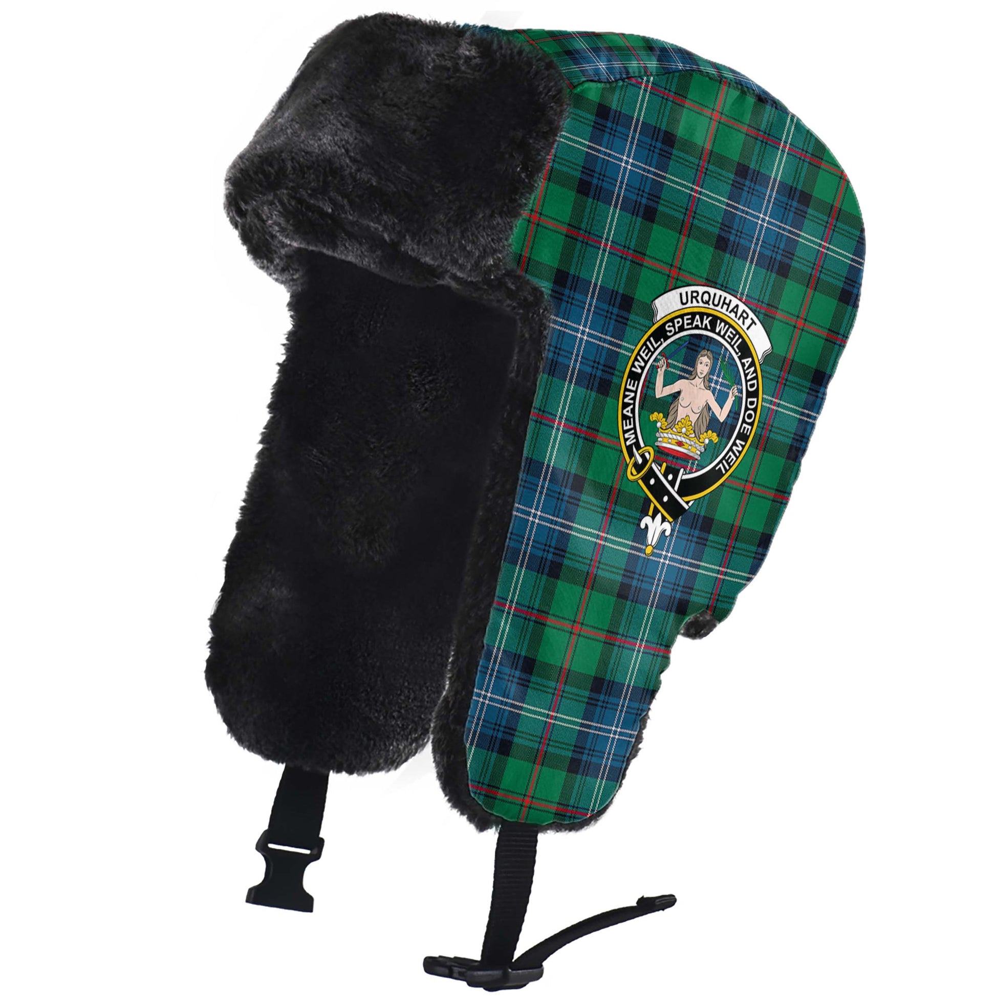 Urquhart Ancient Tartan Winter Trapper Hat with Family Crest - Tartanvibesclothing