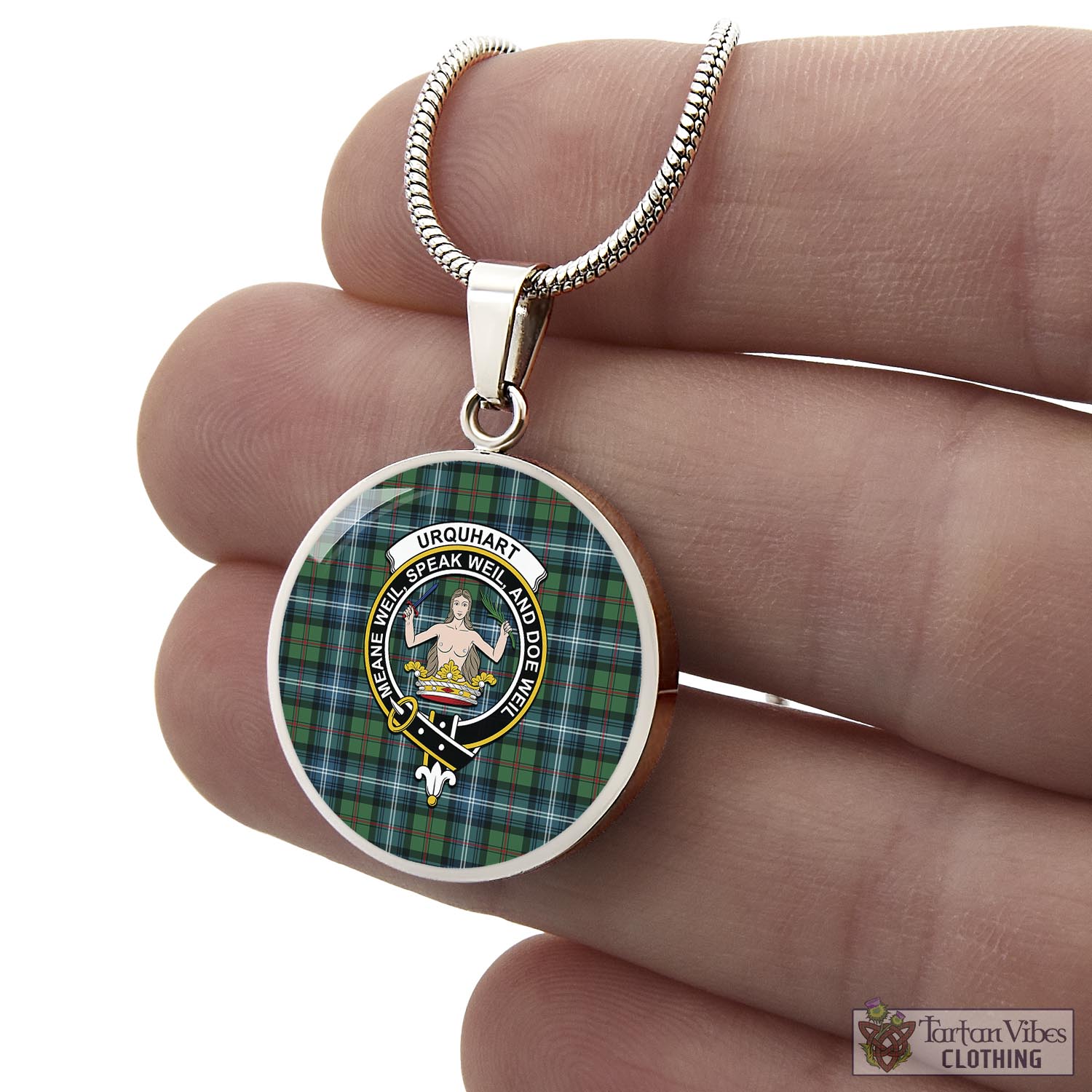 Tartan Vibes Clothing Urquhart Ancient Tartan Circle Necklace with Family Crest