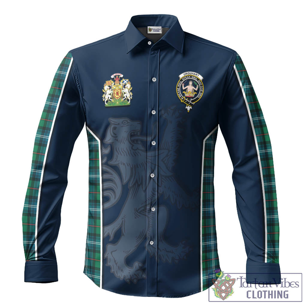 Urquhart Ancient Tartan Long Sleeve Button Up Shirt with Family Crest and Lion Rampant Vibes Sport Style