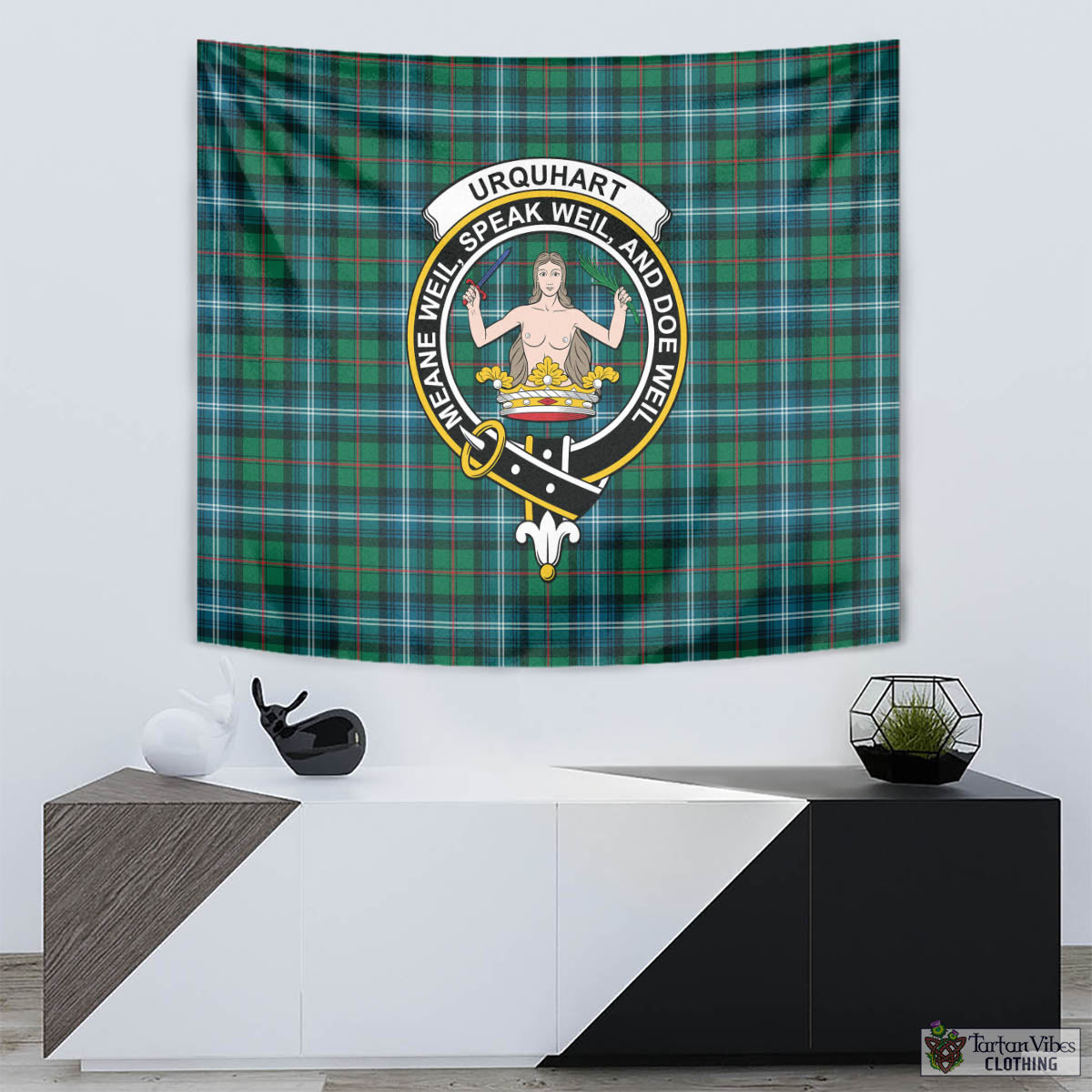 Tartan Vibes Clothing Urquhart Ancient Tartan Tapestry Wall Hanging and Home Decor for Room with Family Crest