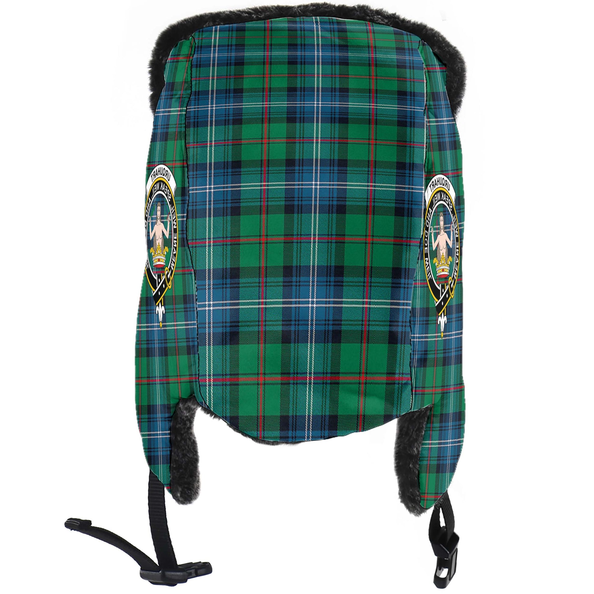 Urquhart Ancient Tartan Winter Trapper Hat with Family Crest - Tartanvibesclothing