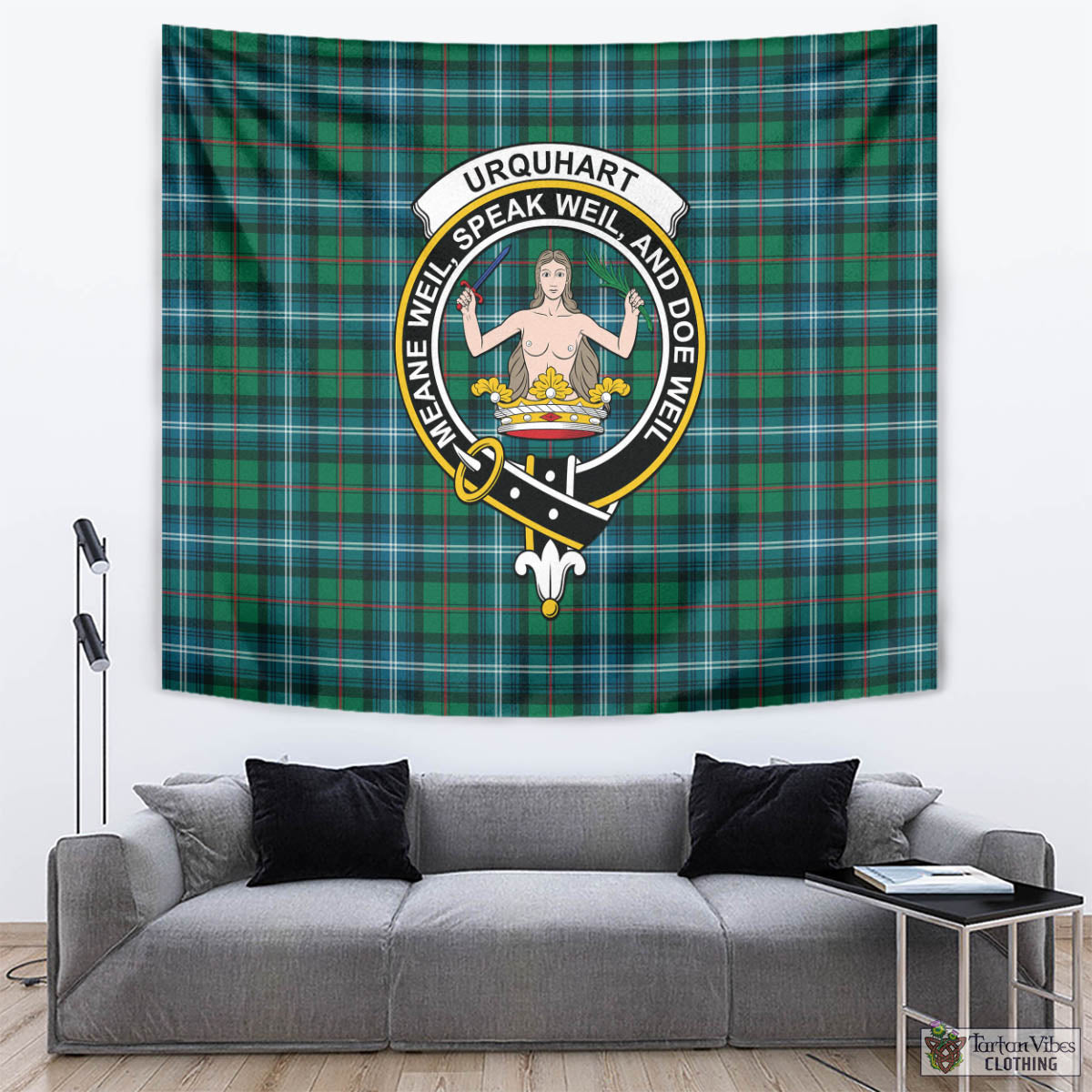 Tartan Vibes Clothing Urquhart Ancient Tartan Tapestry Wall Hanging and Home Decor for Room with Family Crest