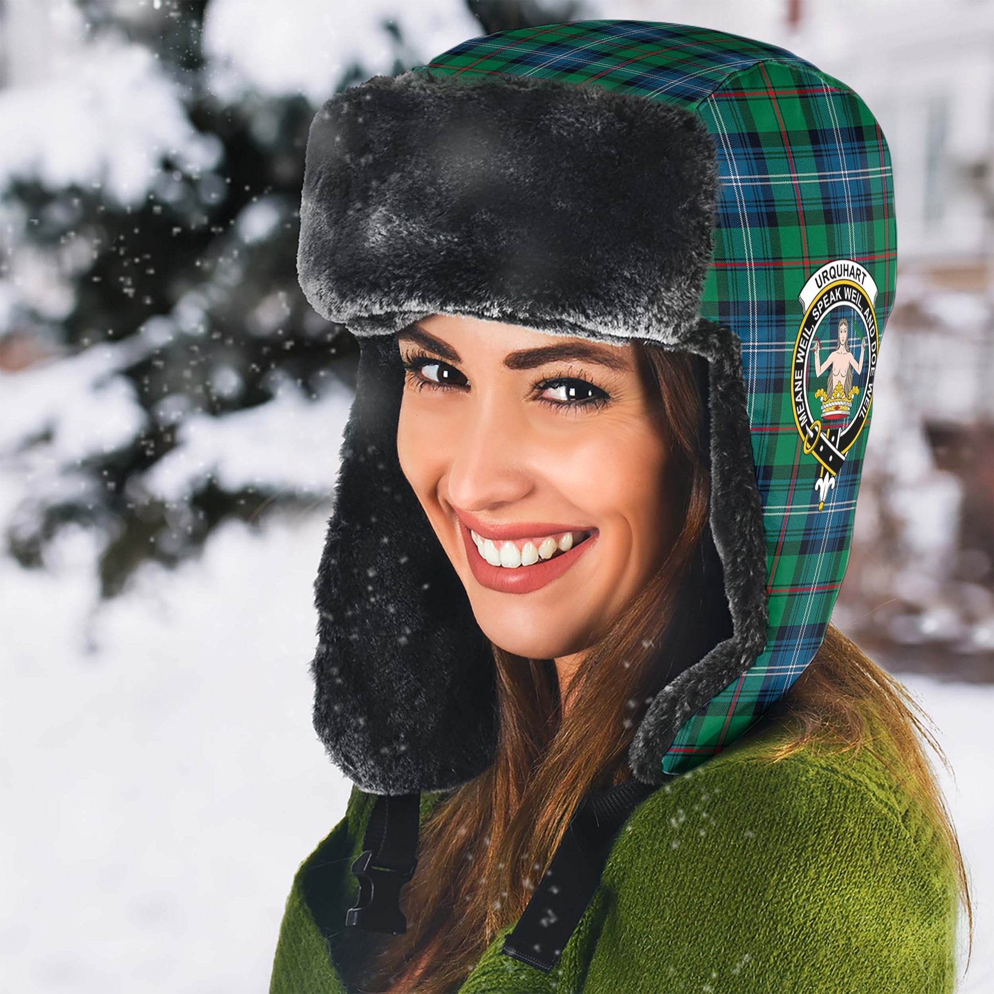 Urquhart Ancient Tartan Winter Trapper Hat with Family Crest - Tartanvibesclothing