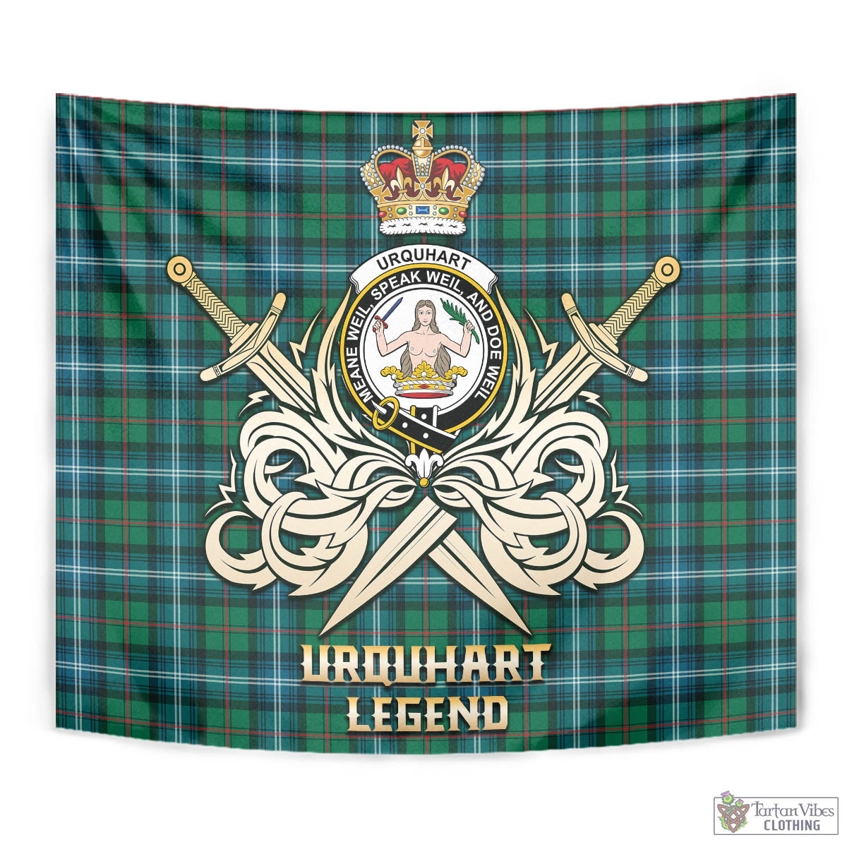 Tartan Vibes Clothing Urquhart Ancient Tartan Tapestry with Clan Crest and the Golden Sword of Courageous Legacy