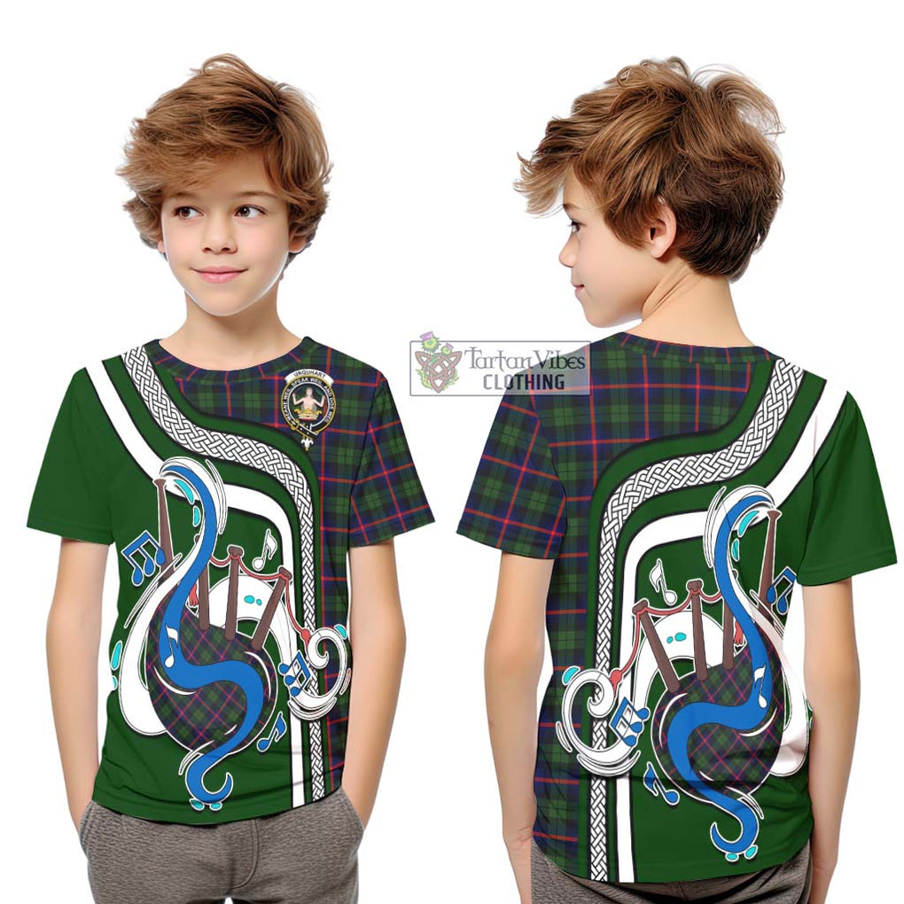 Tartan Vibes Clothing Urquhart Modern Tartan Kid T-Shirt with Epic Bagpipe Style