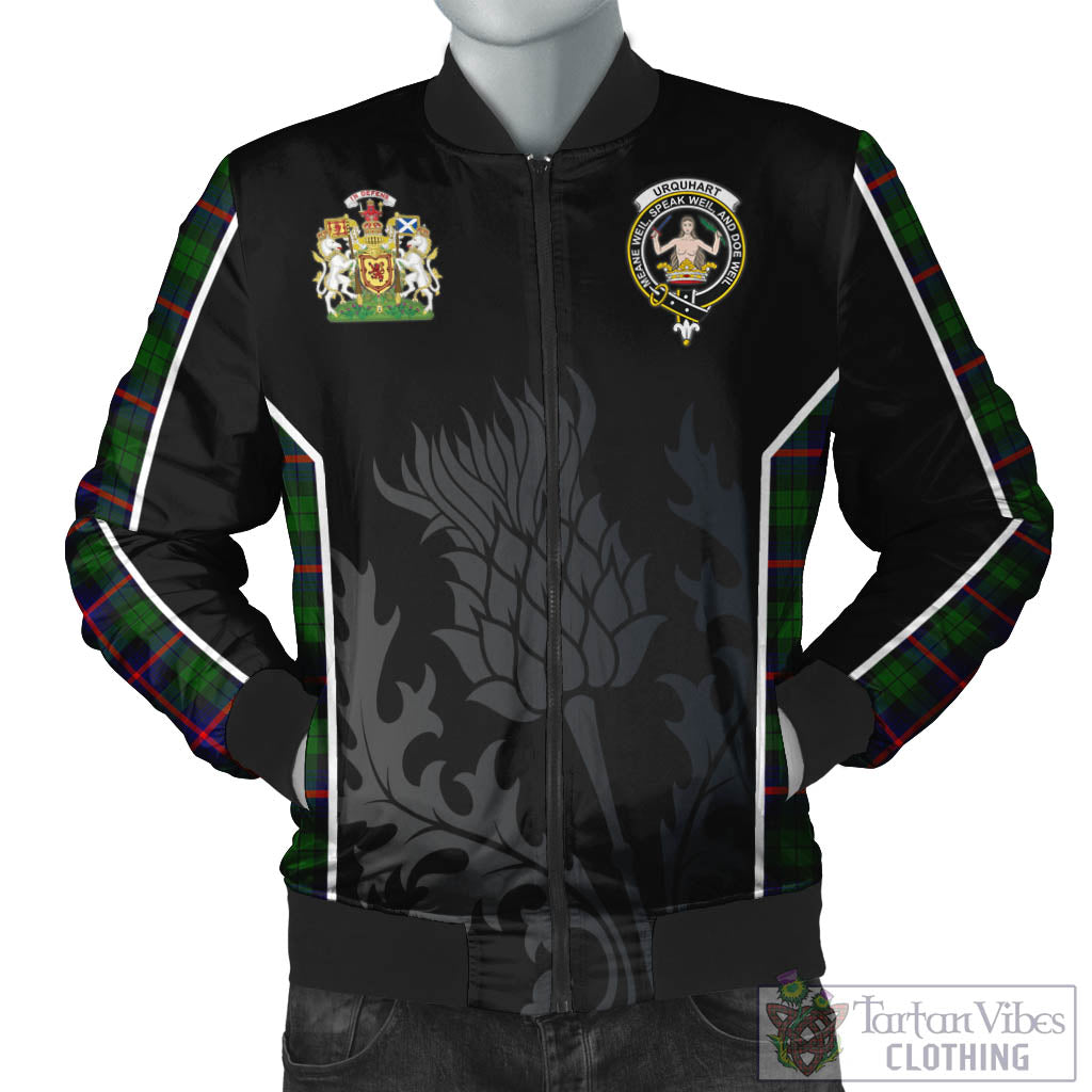 Tartan Vibes Clothing Urquhart Modern Tartan Bomber Jacket with Family Crest and Scottish Thistle Vibes Sport Style