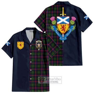 Urquhart Modern Tartan Short Sleeve Button Shirt Alba with Scottish Lion Royal Arm Half Style