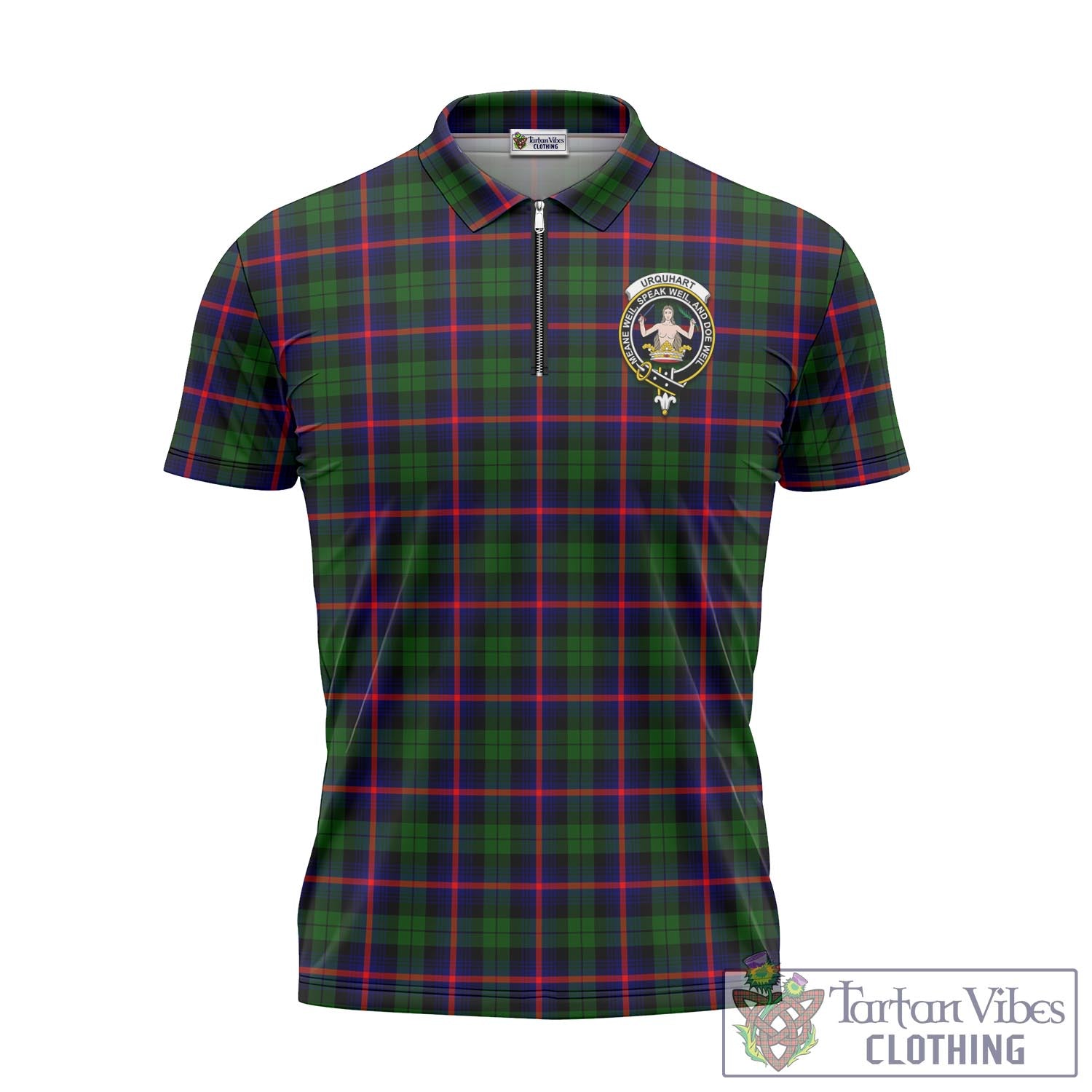 Tartan Vibes Clothing Urquhart Modern Tartan Zipper Polo Shirt with Family Crest