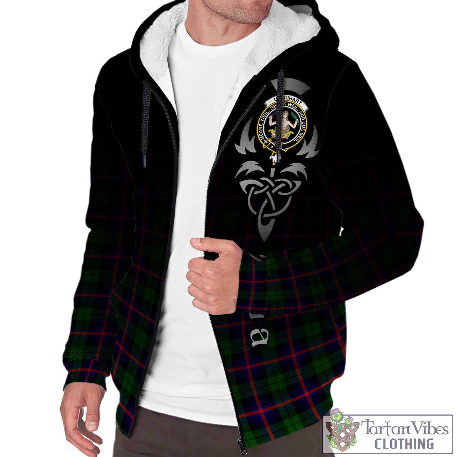 Tartan Vibes Clothing Urquhart Modern Tartan Sherpa Hoodie Featuring Alba Gu Brath Family Crest Celtic Inspired