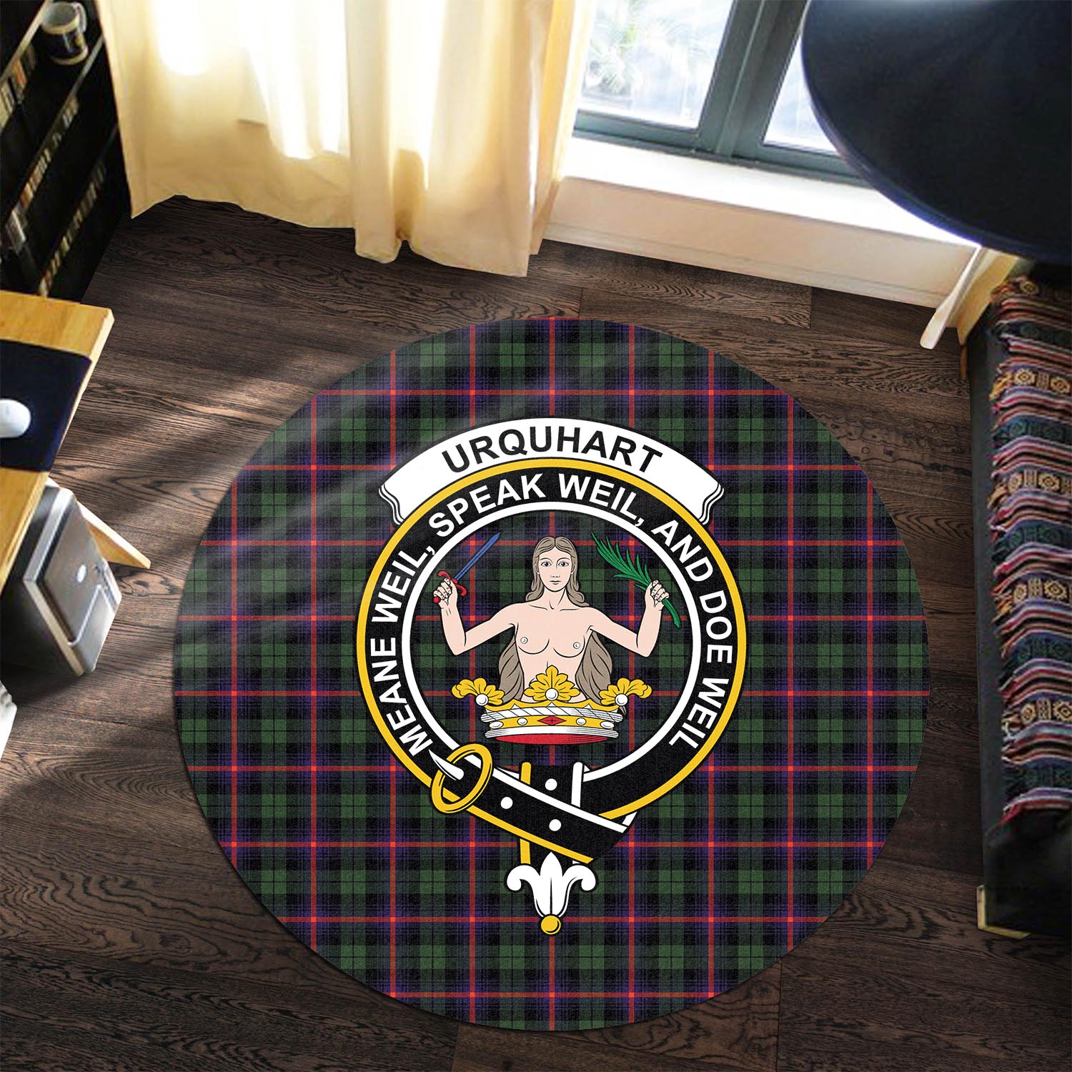 urquhart-modern-tartan-round-rug-with-family-crest