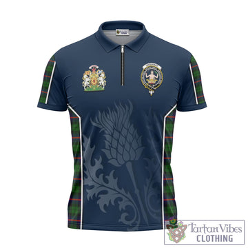 Urquhart Modern Tartan Zipper Polo Shirt with Family Crest and Scottish Thistle Vibes Sport Style