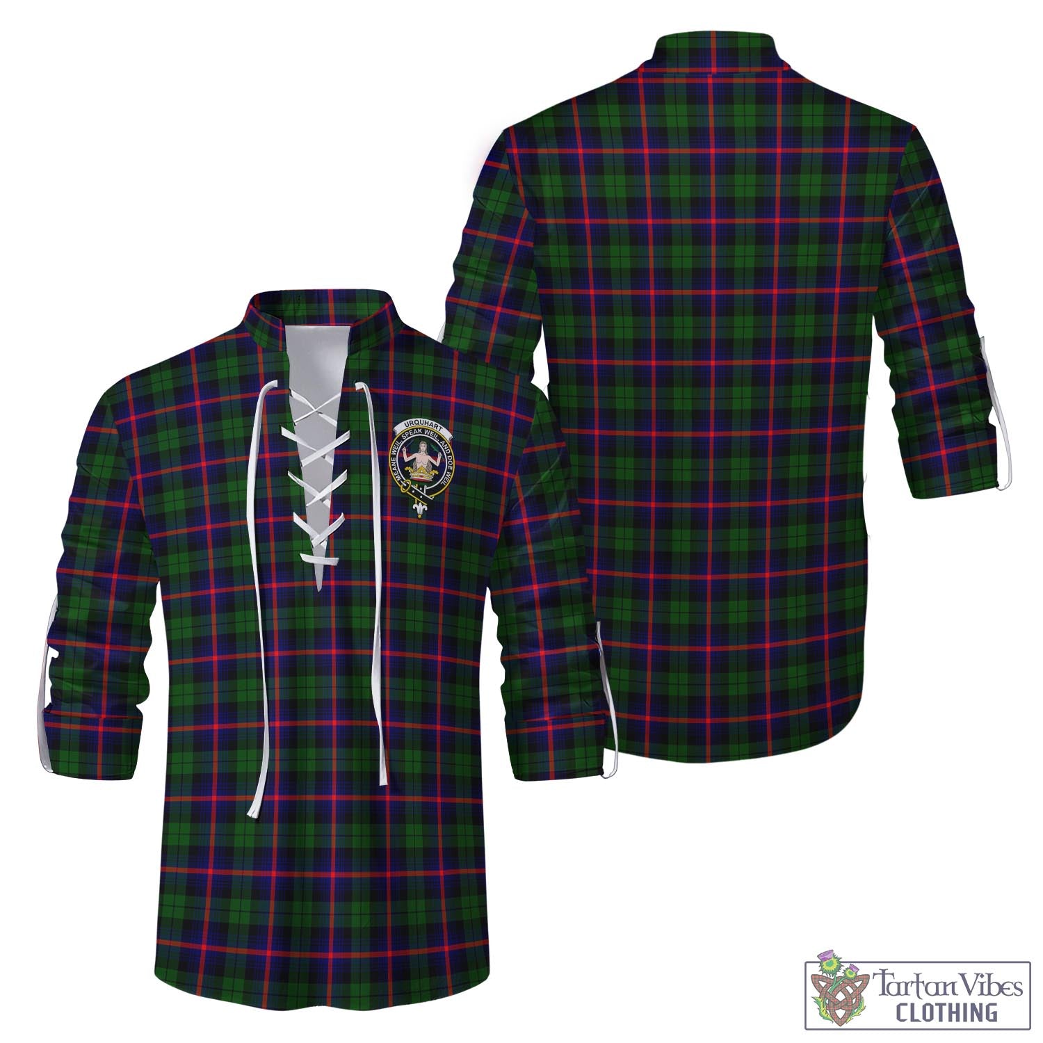 Tartan Vibes Clothing Urquhart Modern Tartan Men's Scottish Traditional Jacobite Ghillie Kilt Shirt with Family Crest