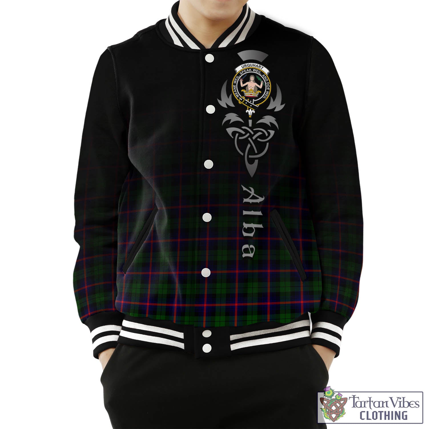 Tartan Vibes Clothing Urquhart Modern Tartan Baseball Jacket Featuring Alba Gu Brath Family Crest Celtic Inspired