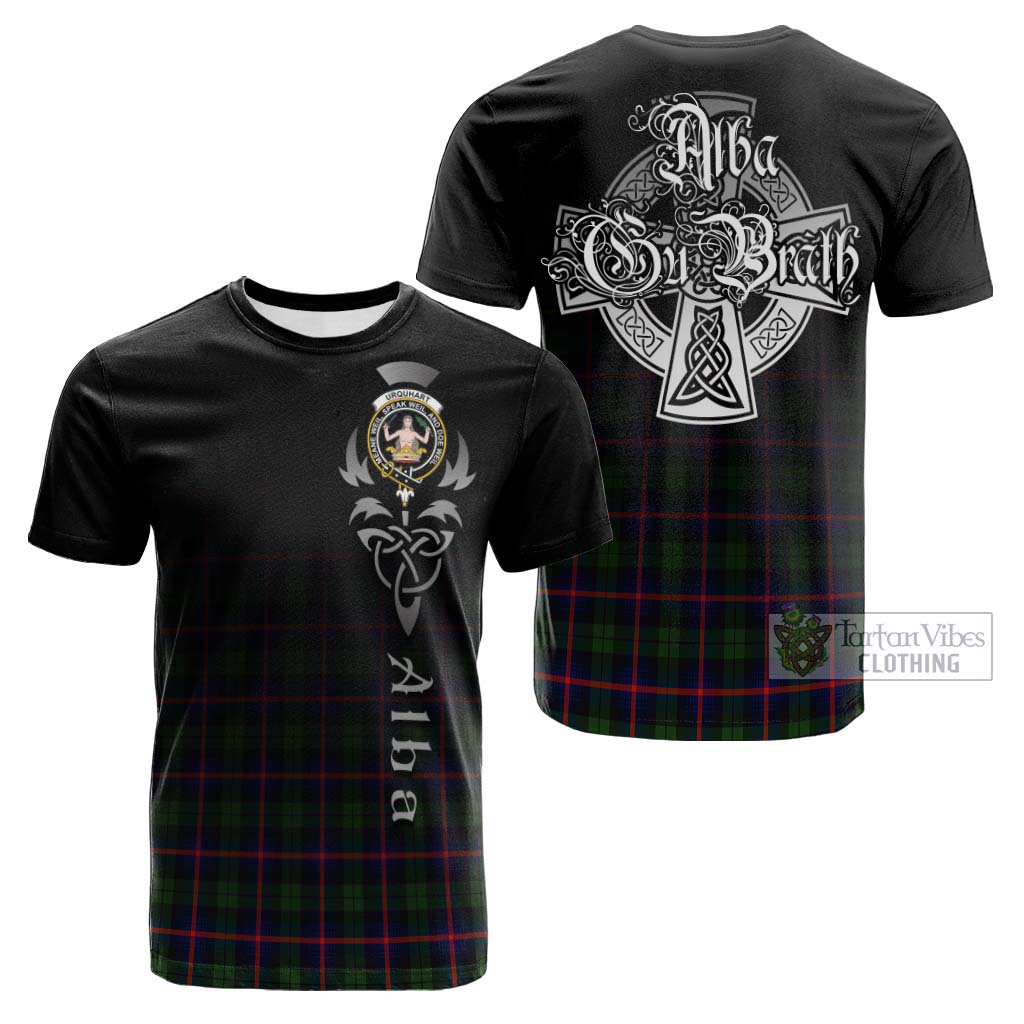 Tartan Vibes Clothing Urquhart Modern Tartan Cotton T-shirt Featuring Alba Gu Brath Family Crest Celtic Inspired