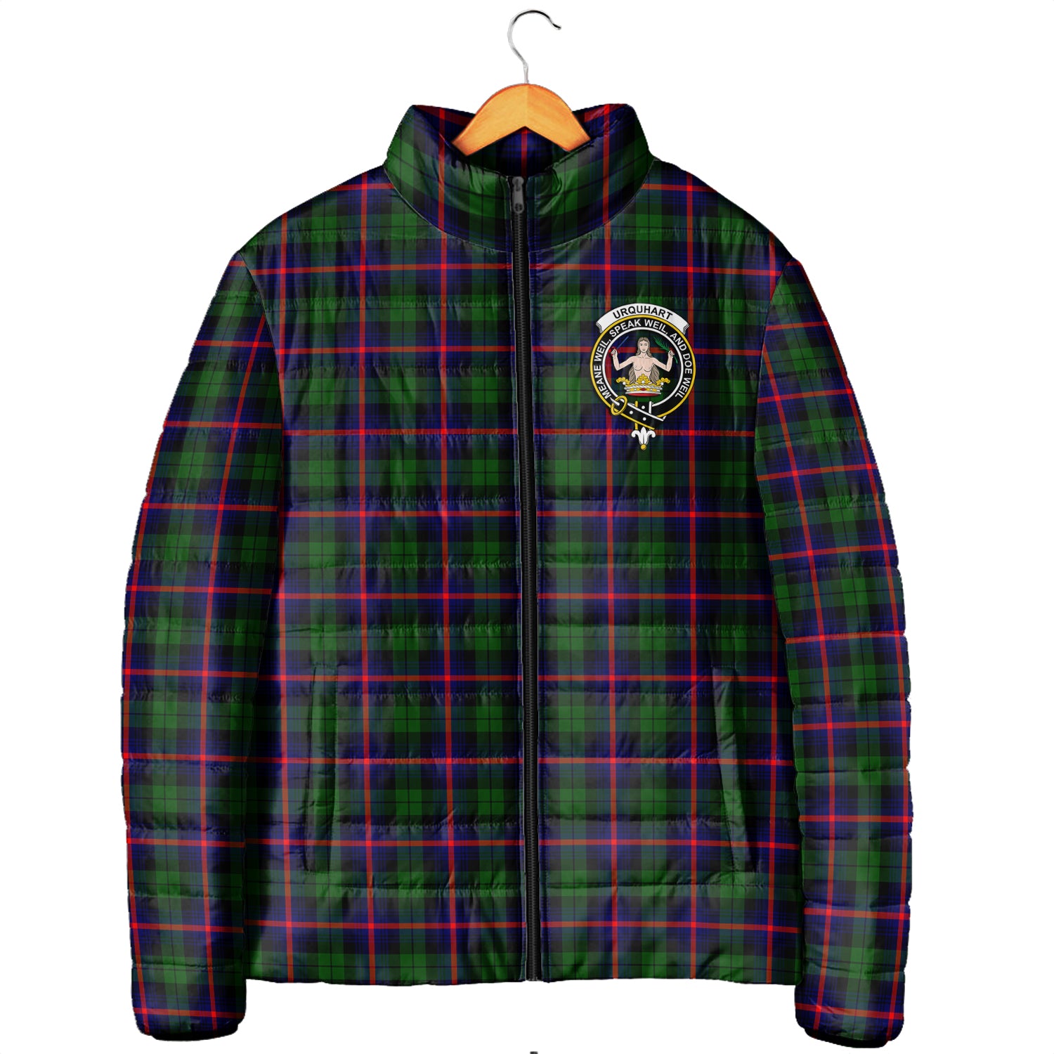 Urquhart Modern Tartan Padded Jacket with Family Crest Men's Padded Jacket - Tartan Vibes Clothing