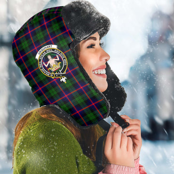 Urquhart Modern Tartan Winter Trapper Hat with Family Crest