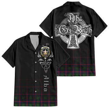 Urquhart Modern Tartan Short Sleeve Button Up Shirt Featuring Alba Gu Brath Family Crest Celtic Inspired