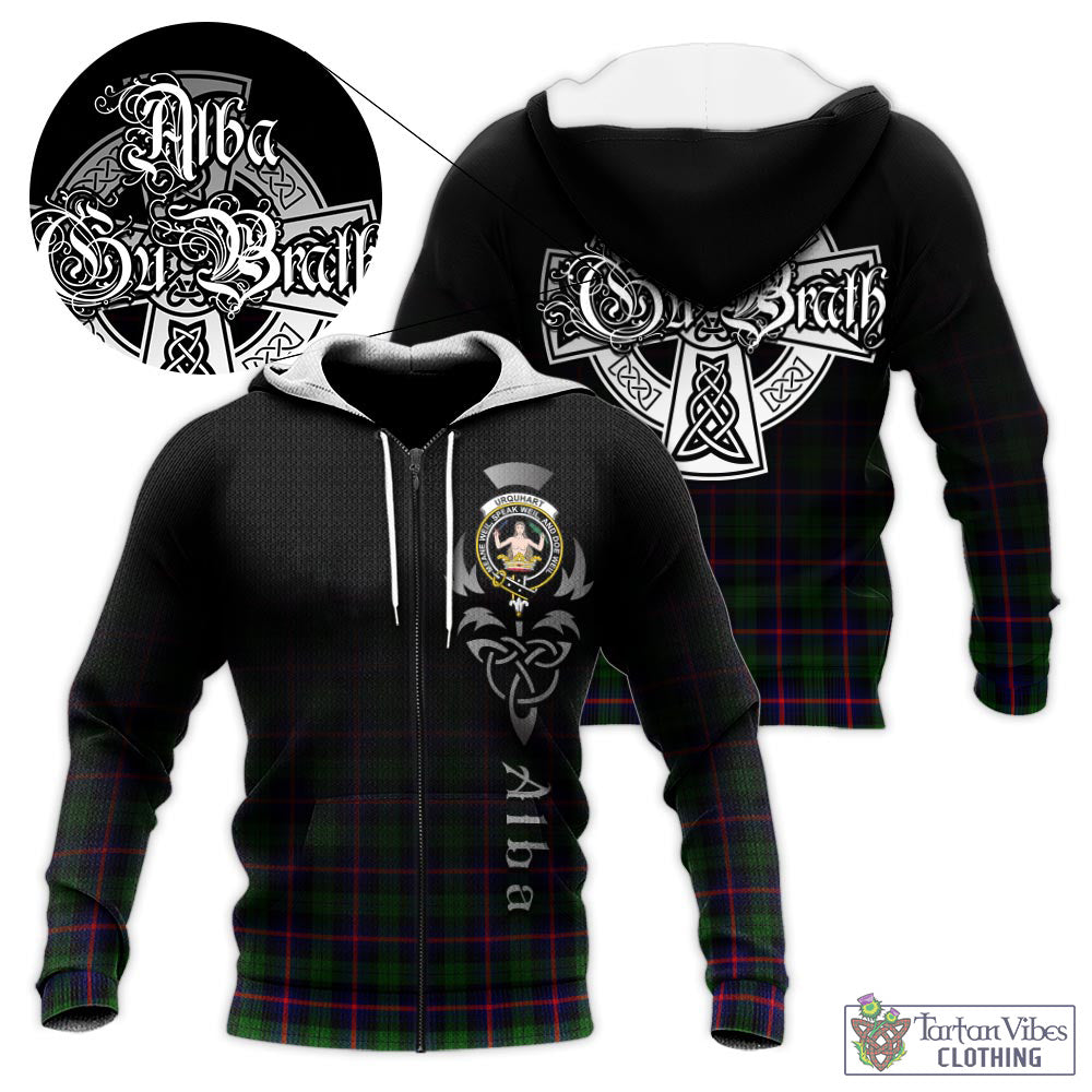 Tartan Vibes Clothing Urquhart Modern Tartan Knitted Hoodie Featuring Alba Gu Brath Family Crest Celtic Inspired