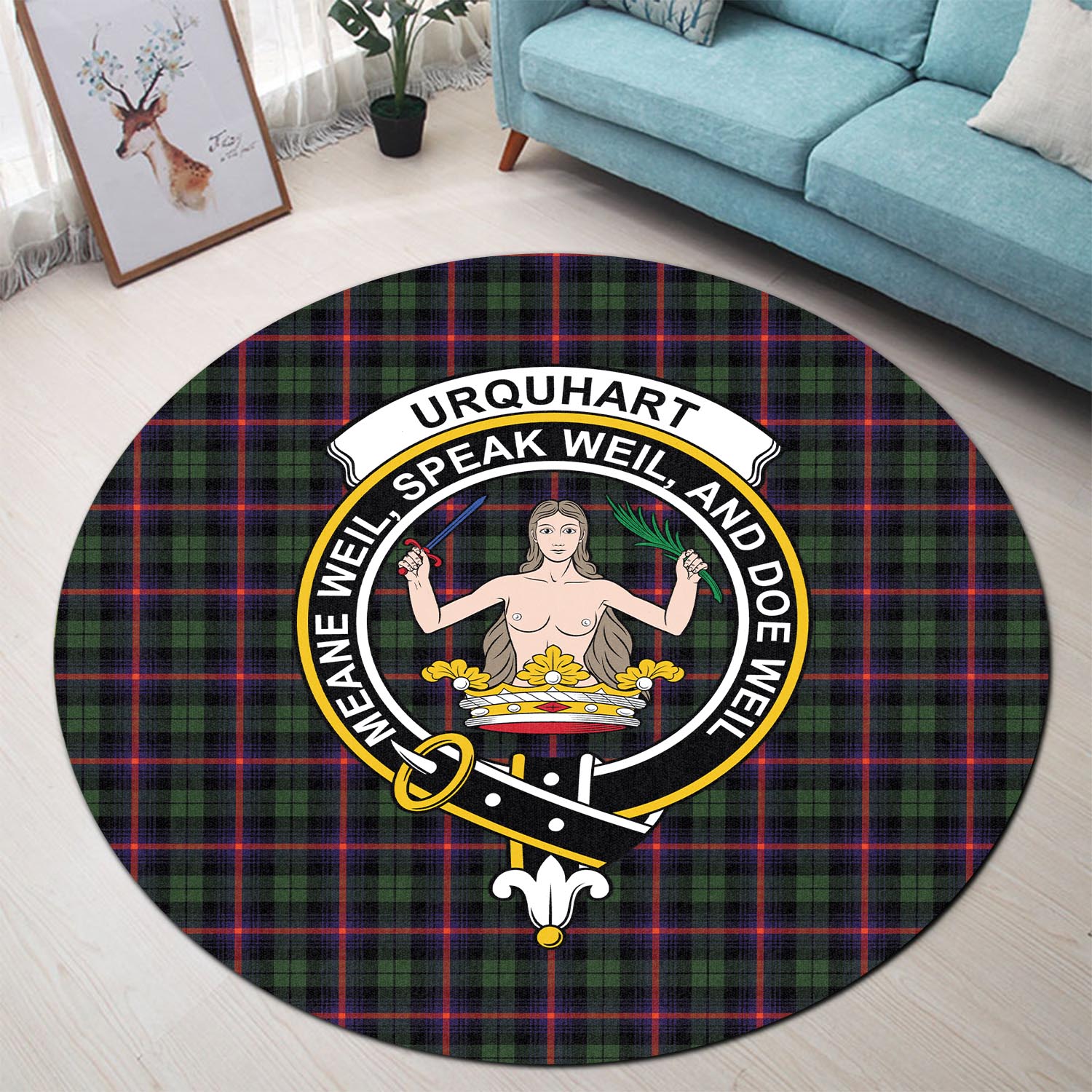 urquhart-modern-tartan-round-rug-with-family-crest