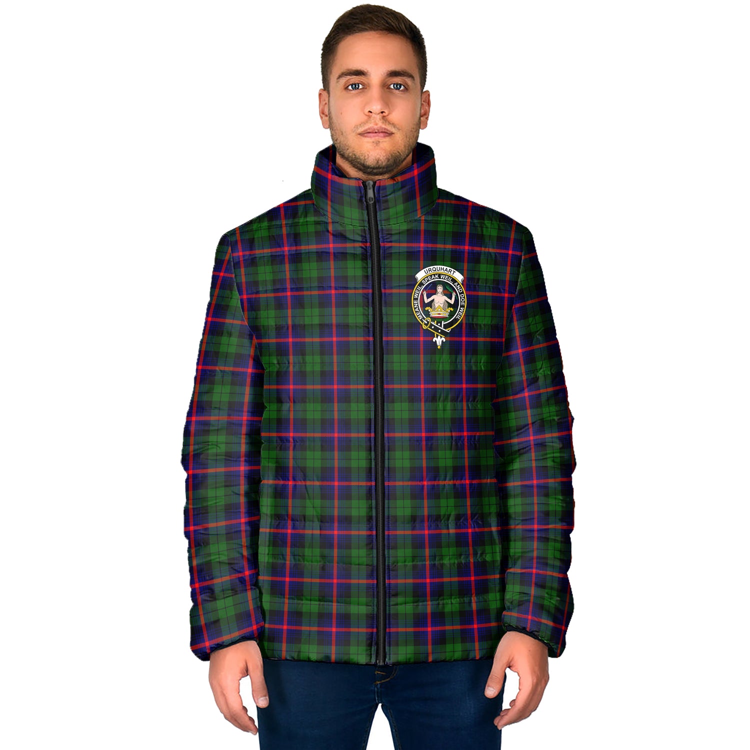 Urquhart Modern Tartan Padded Jacket with Family Crest - Tartan Vibes Clothing