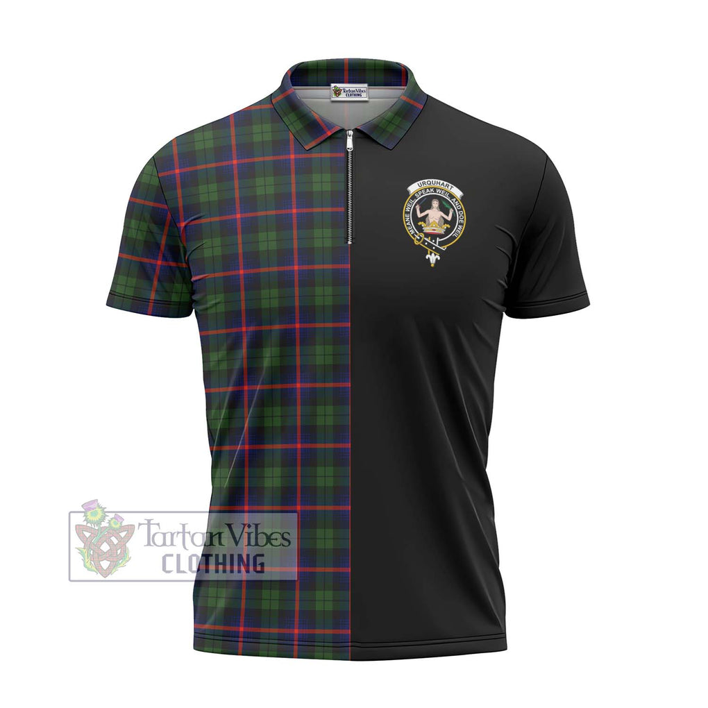 Urquhart Modern Tartan Zipper Polo Shirt with Family Crest and Half Of Me Style - Tartanvibesclothing Shop