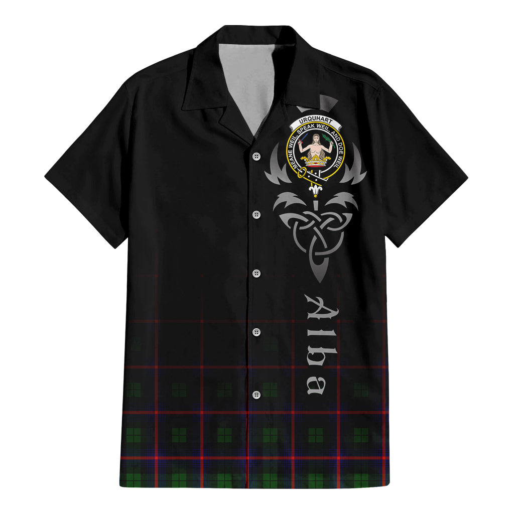 Tartan Vibes Clothing Urquhart Modern Tartan Short Sleeve Button Up Featuring Alba Gu Brath Family Crest Celtic Inspired