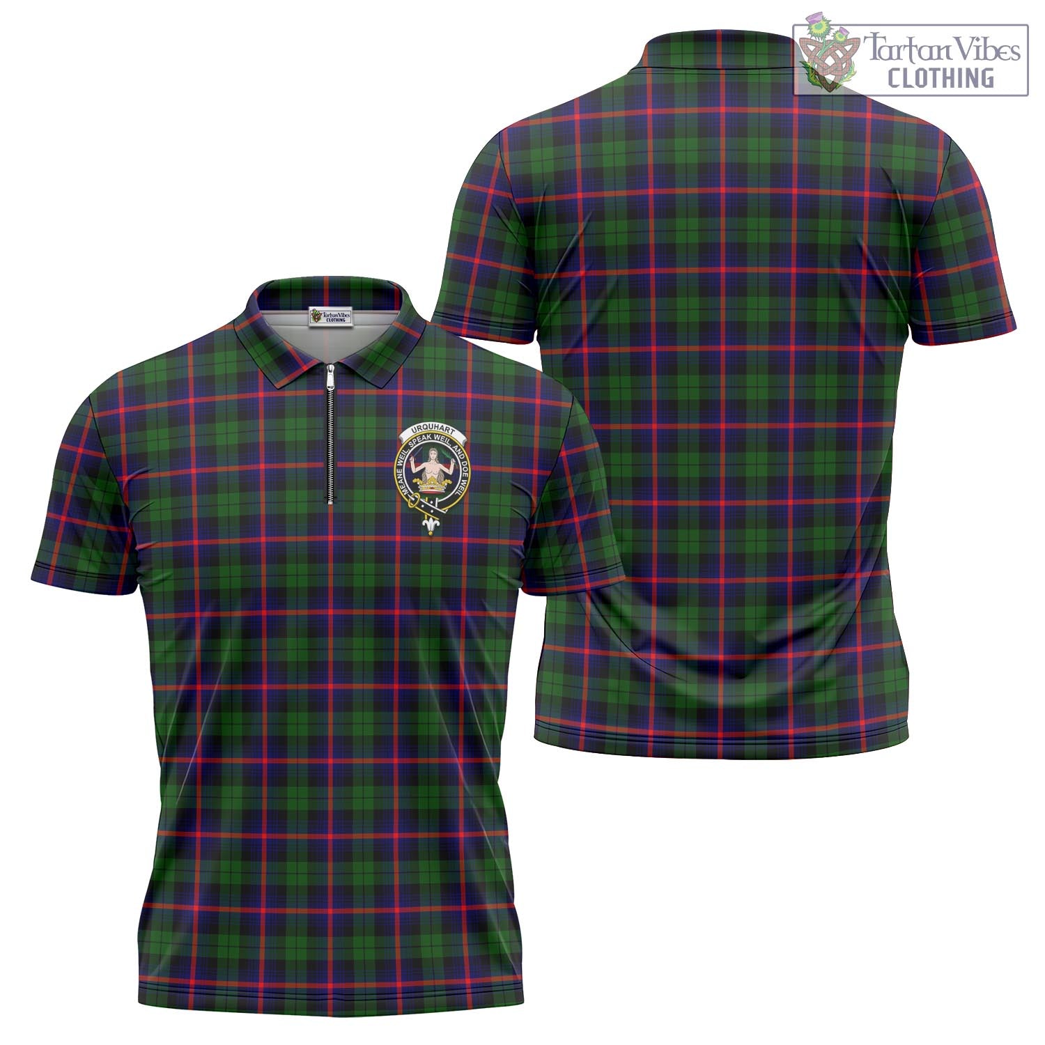 Tartan Vibes Clothing Urquhart Modern Tartan Zipper Polo Shirt with Family Crest