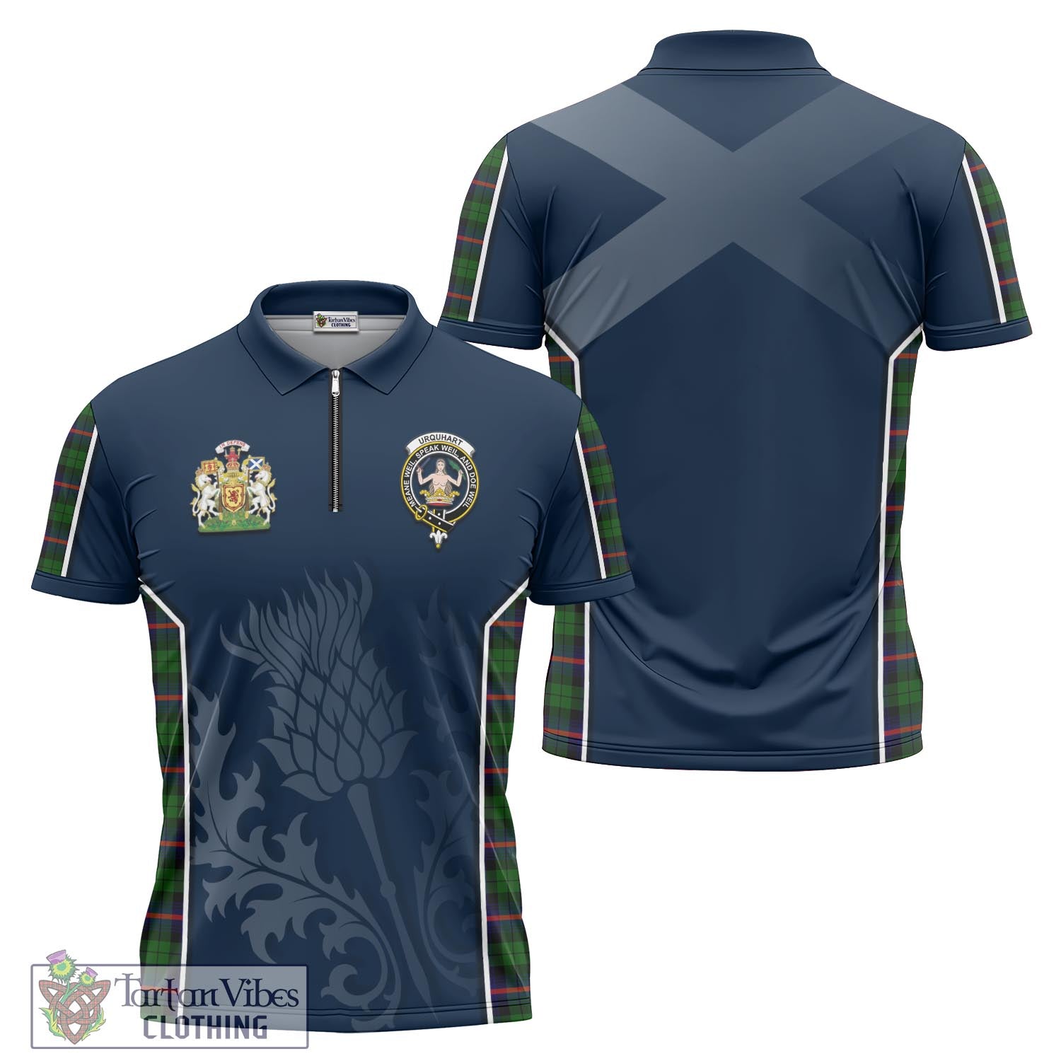 Tartan Vibes Clothing Urquhart Modern Tartan Zipper Polo Shirt with Family Crest and Scottish Thistle Vibes Sport Style